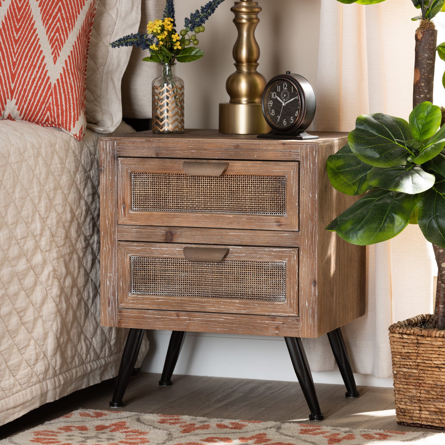 Baxton Studio Calida Mid-Century Modern Whitewashed Natural Brown Finished Wood and Rattan 2-Drawer End Table | Cabinets | Modishstore