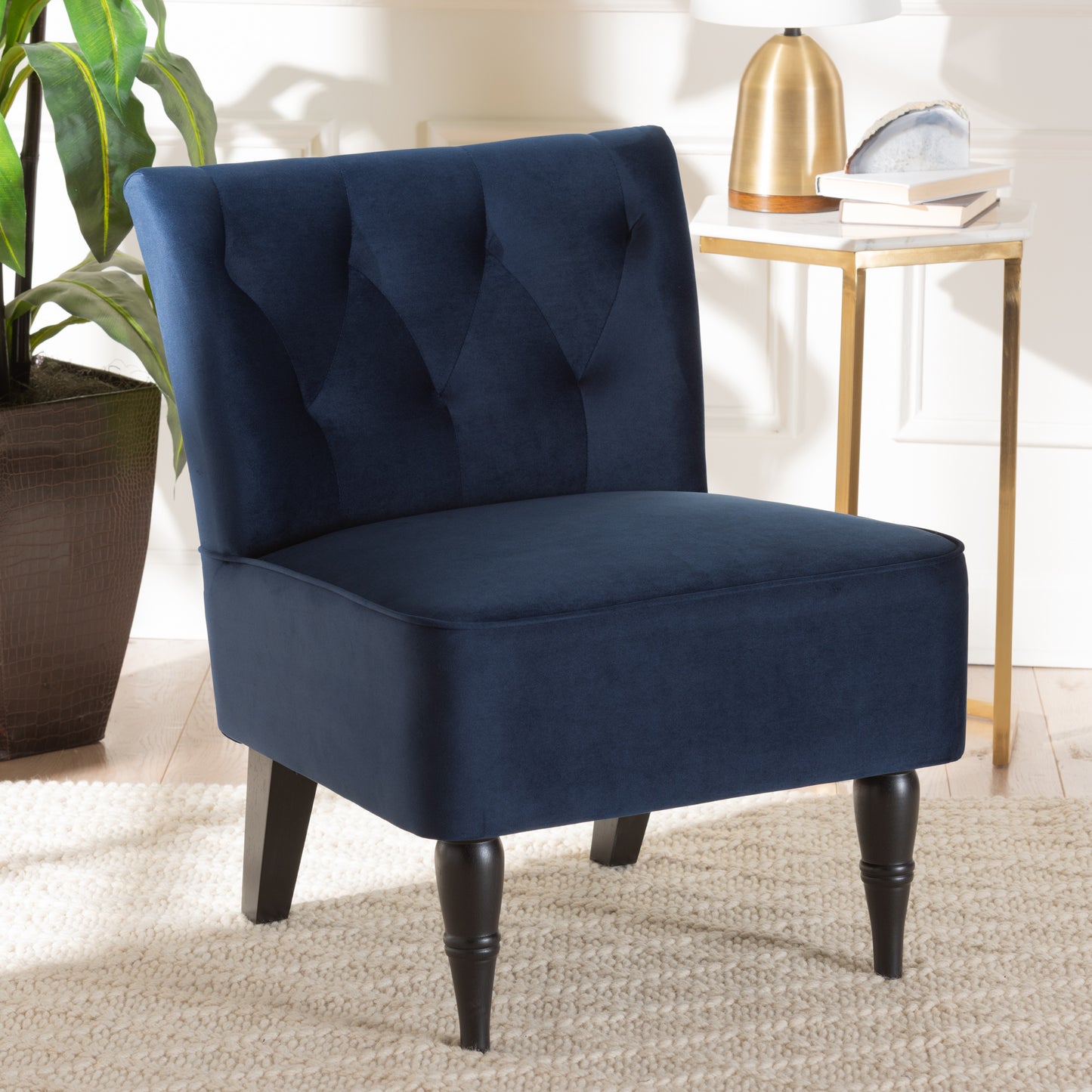 Baxton Studio Harmon Modern and Contemporary Transitional Navy Blue Velvet Fabric Upholstered and Black Finished Wood Accent Chair | Accent Chairs | Modishstore