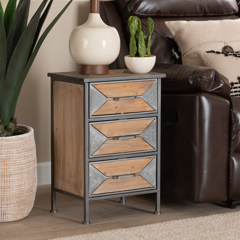 Baxton Studio Laurel Rustic Industrial Antique Grey Finished Metal and Whitewashed Oak Brown Finished Wood 3-Drawer End Table | Cabinets | Modishstore