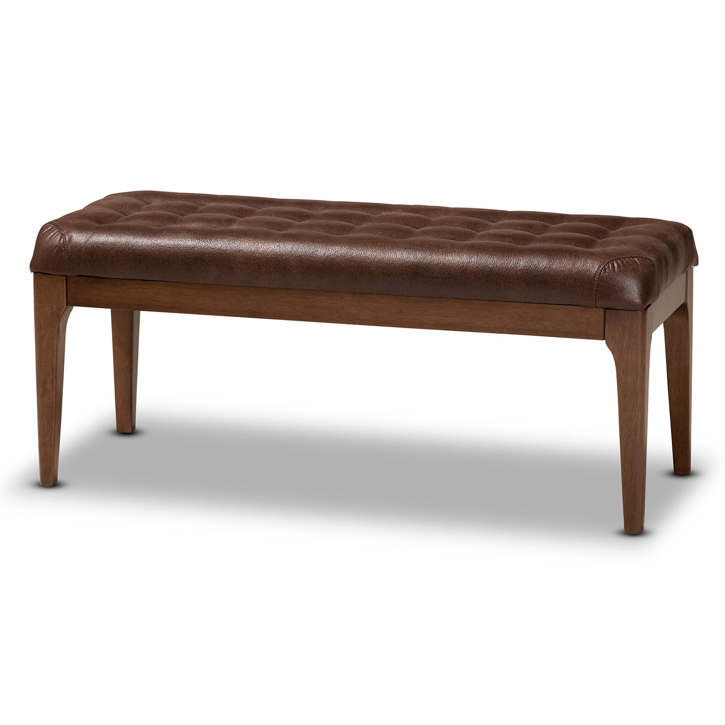 Baxton Studio Walsh Mid-Century Modern Dark Brown Leather-Effect Polyester Fabric Upholstered and Walnut Brown Finished Wood Dining Bench | Benches | Modishstore - 2