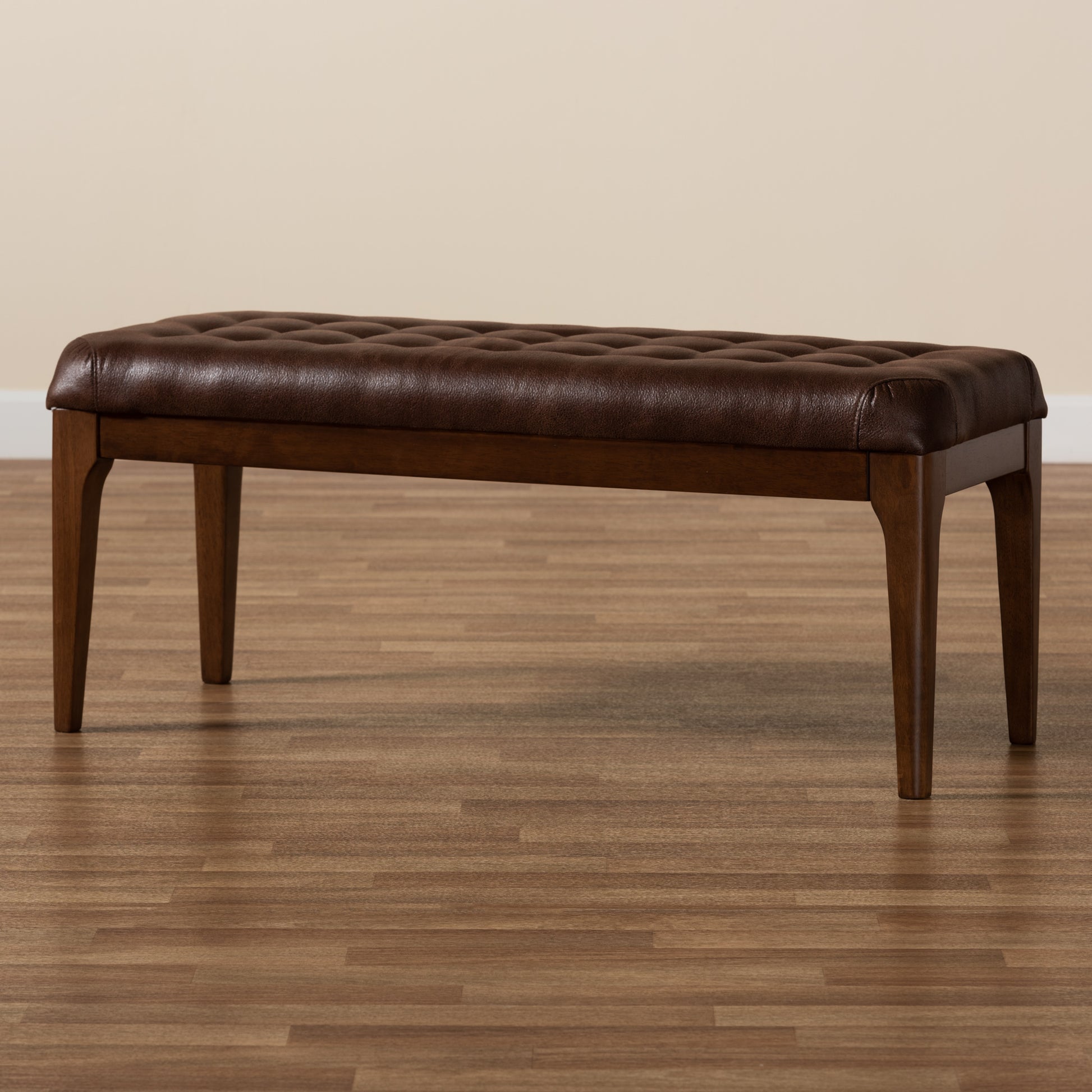 Baxton Studio Walsh Mid-Century Modern Dark Brown Leather-Effect Polyester Fabric Upholstered and Walnut Brown Finished Wood Dining Bench | Benches | Modishstore - 7