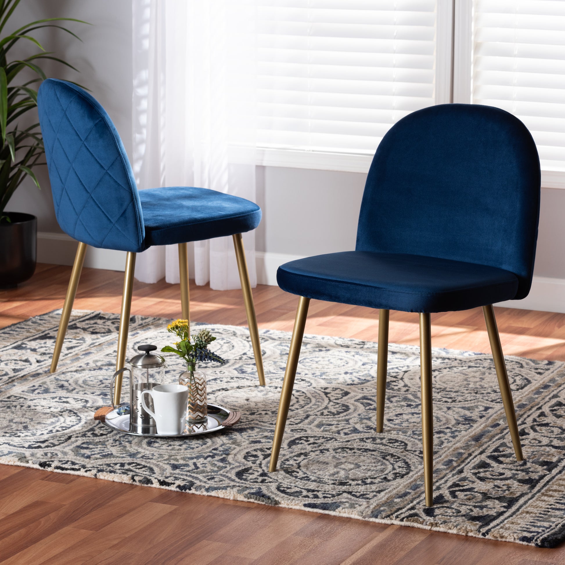 Baxton Studio Fantine Modern Luxe and Glam Navy Blue Velvet Fabric Upholstered and Gold Finished Metal 2-Piece Dining Chair Set | Dining Chairs | Modishstore