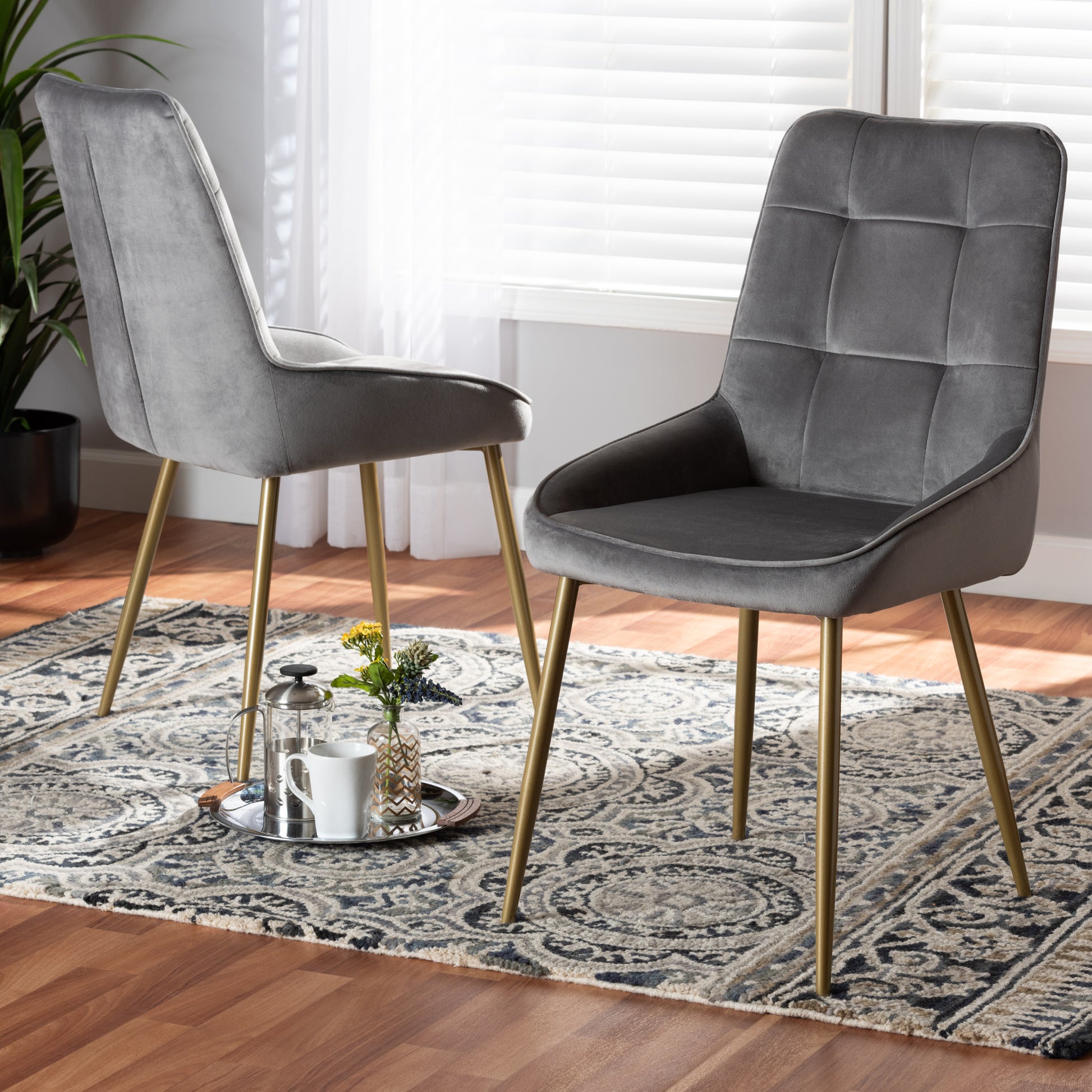 Baxton Studio Gavino Modern Luxe and Glam Grey Velvet Fabric Upholstered and Gold Finished Metal 2-Piece Dining Chair Set | Dining Chairs | Modishstore