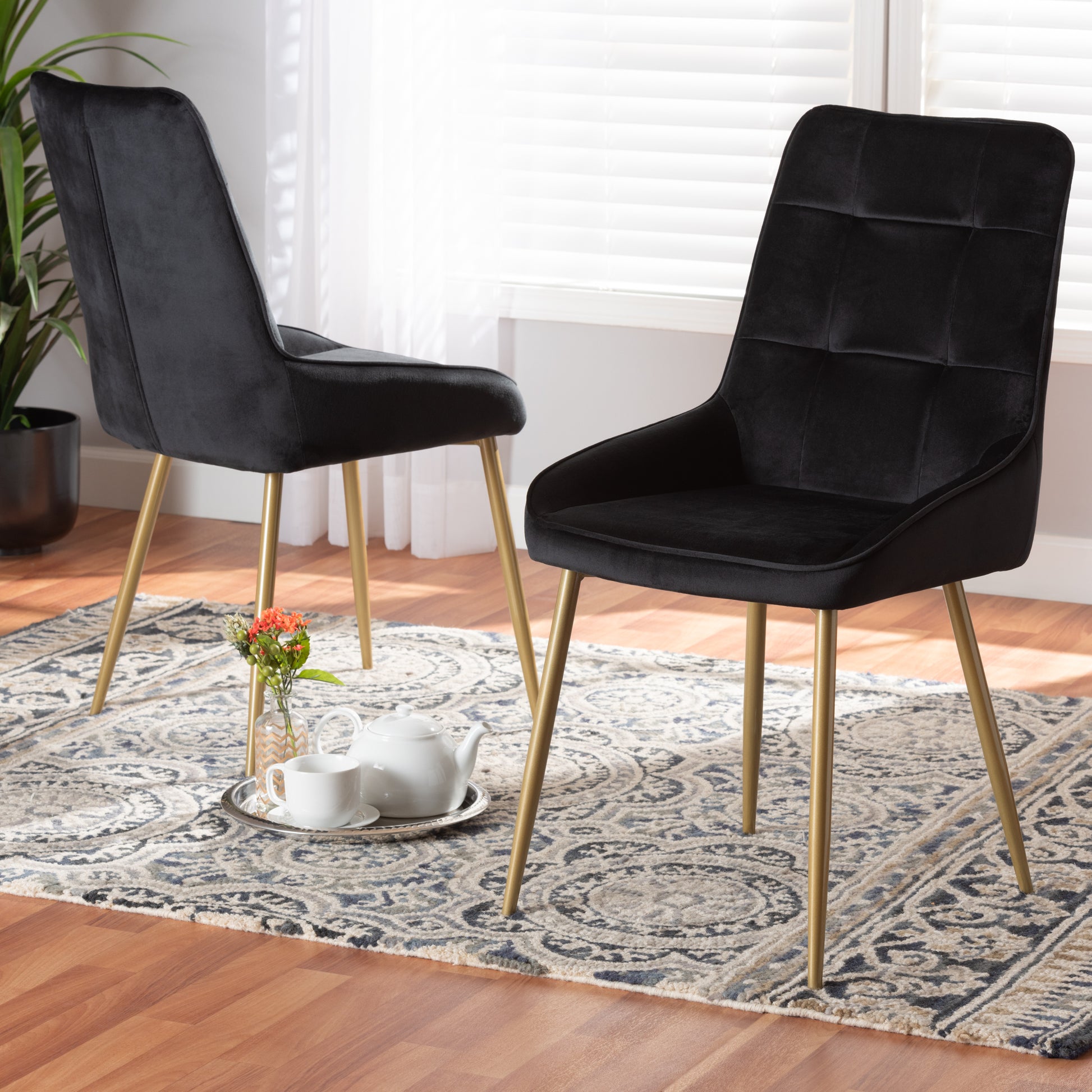 Baxton Studio Gavino Modern Luxe and Glam Black Velvet Fabric Upholstered and Gold Finished Metal 2-Piece Dining Chair Set | Dining Chairs | Modishstore