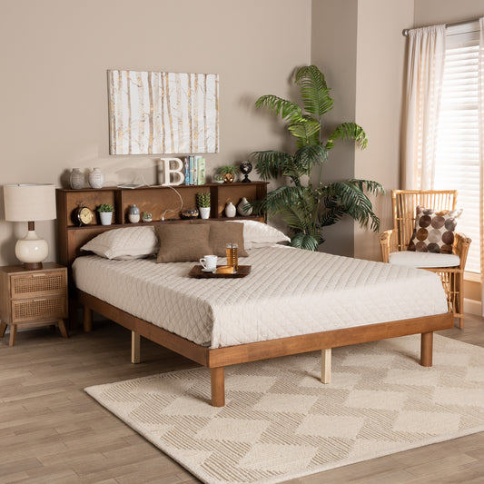 Baxton Studio Lochlan Mid-Century Modern Transitional Walnut Brown Finished Wood Full Size Platform Bed with Charging Station | Beds | Modishstore