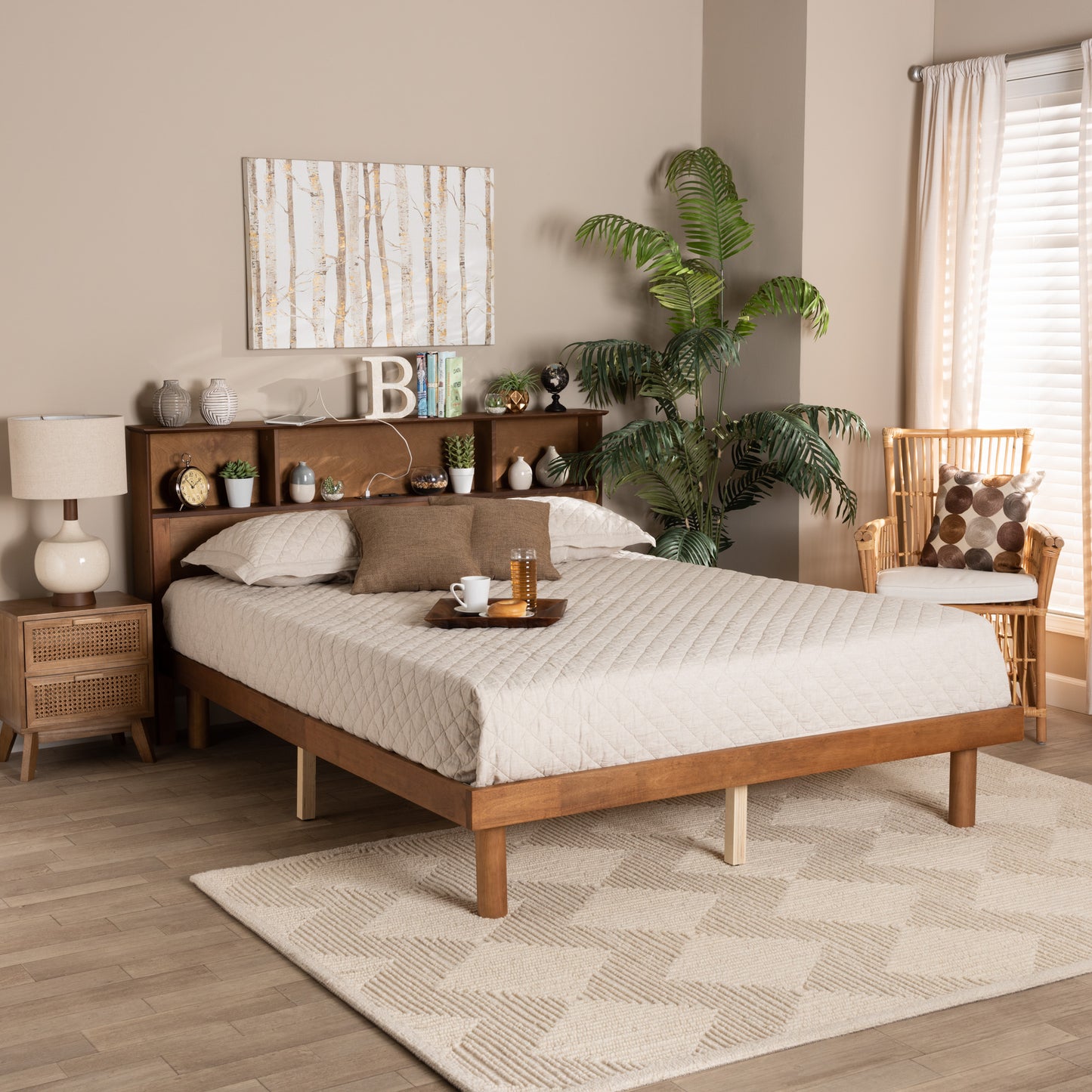 Baxton Studio Lochlan Mid-Century Modern Transitional Walnut Brown Finished Wood Queen Size Platform Bed with Charging Station | Beds | Modishstore