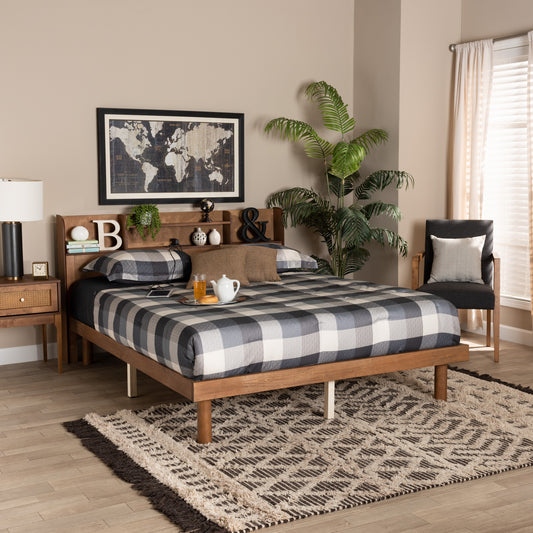 Baxton Studio Harper Mid-Century Modern Transitional Walnut Brown Finished Wood Queen Size Platform Bed with Charging Station | Beds | Modishstore