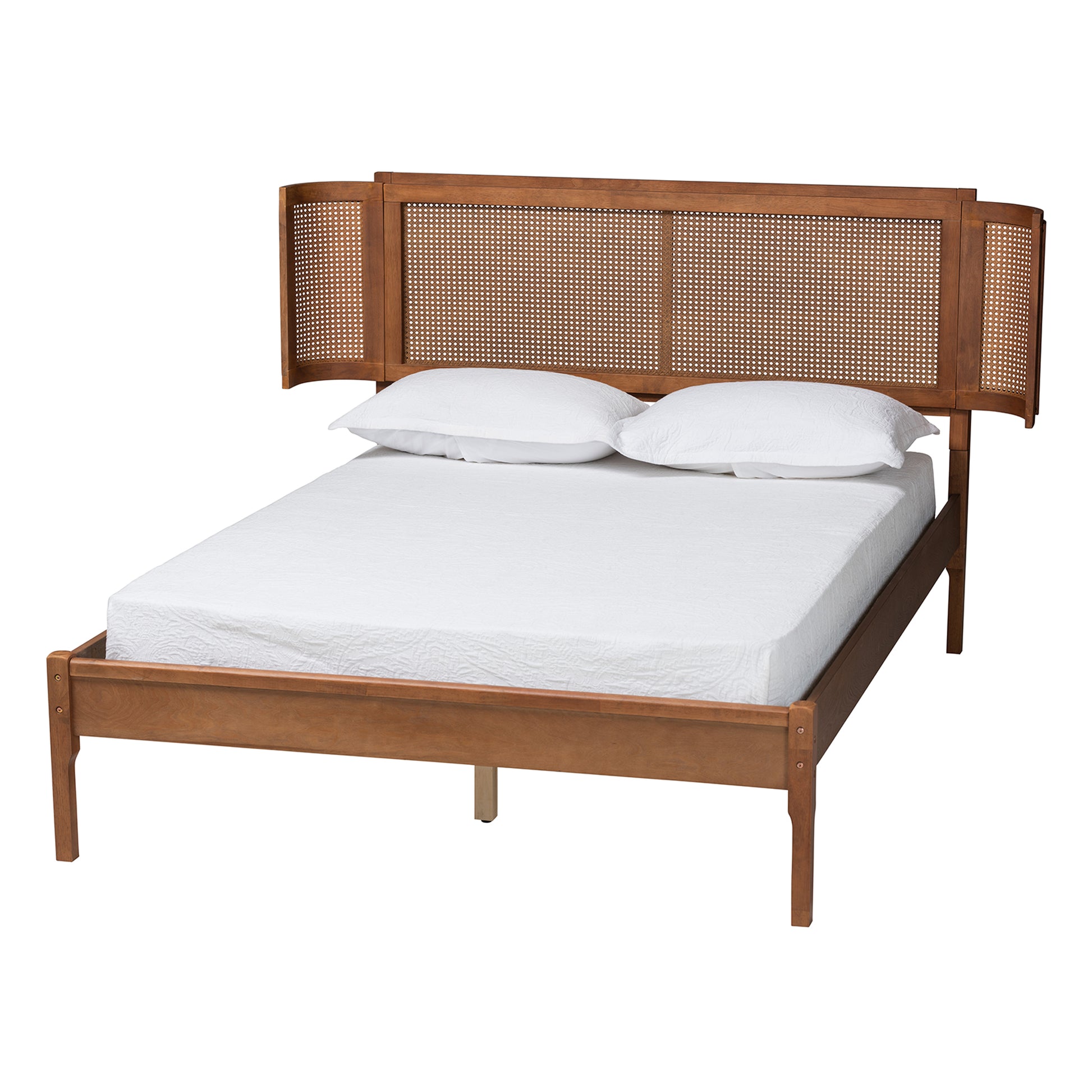 Baxton Studio Eridian Mid-Century Modern Walnut Brown Finished Wood and Natural Rattan Full Size Platform Bed | Beds | Modishstore - 2