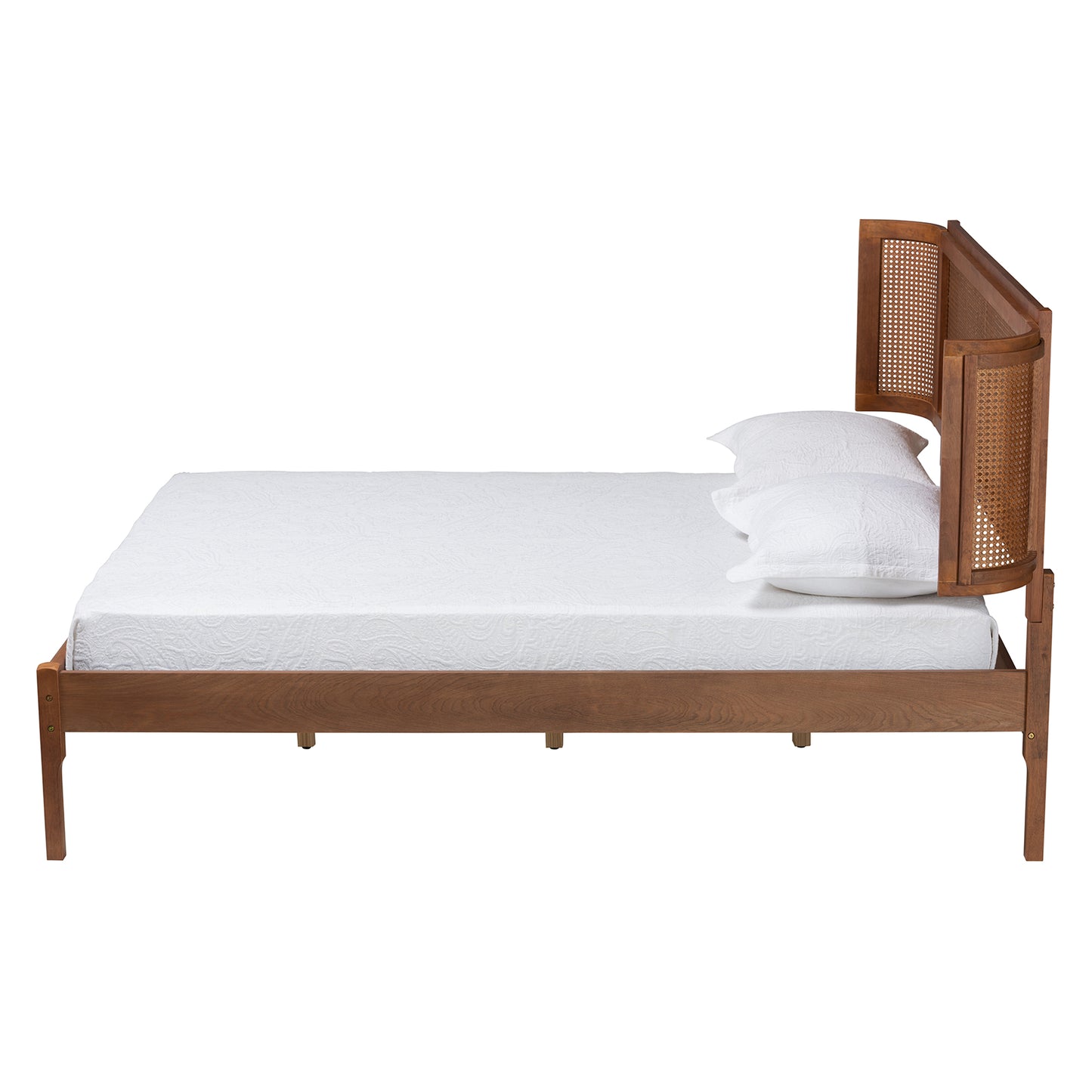 Baxton Studio Eridian Mid-Century Modern Walnut Brown Finished Wood and Natural Rattan Full Size Platform Bed | Beds | Modishstore - 3