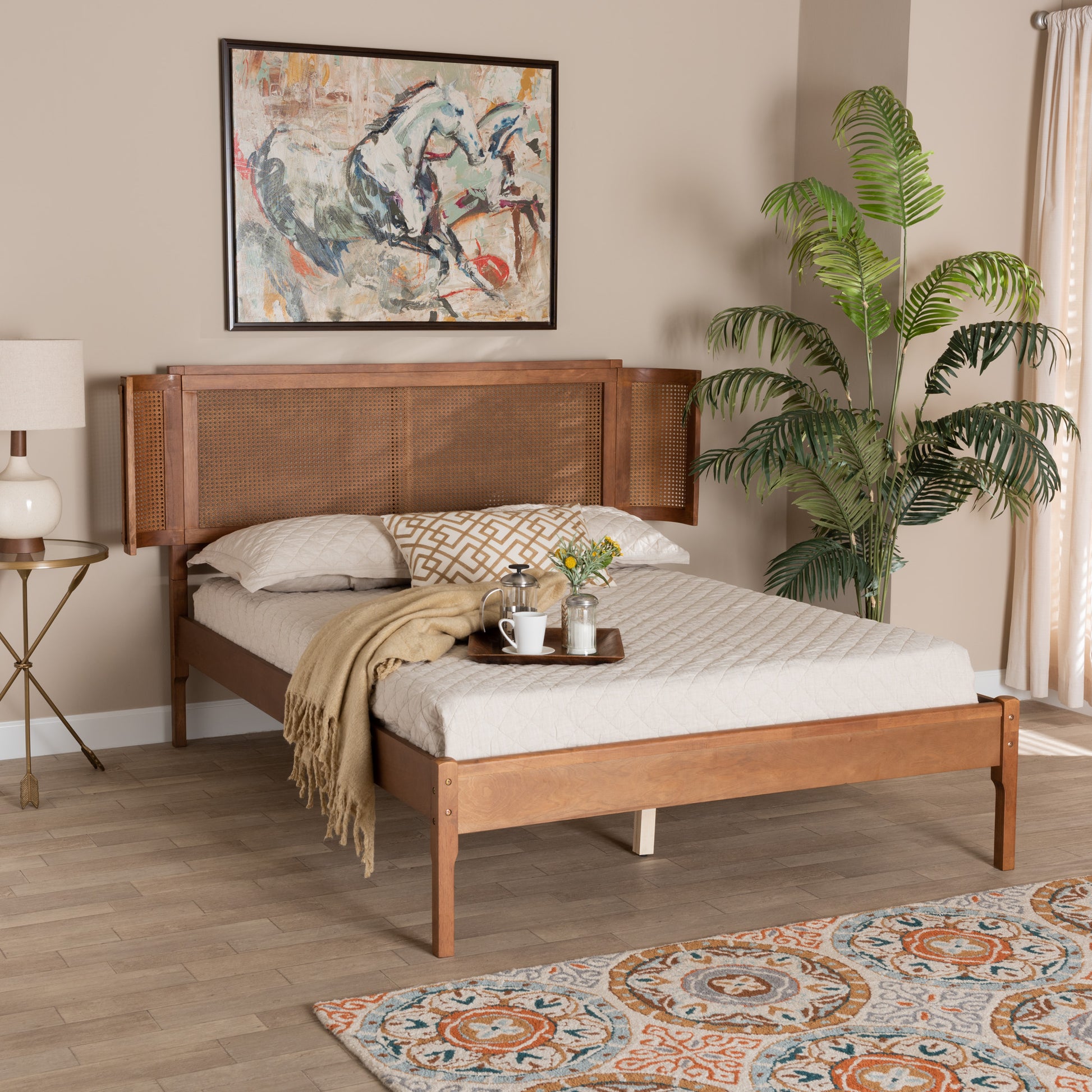 Baxton Studio Eridian Mid-Century Modern Walnut Brown Finished Wood and Natural Rattan Full Size Platform Bed | Beds | Modishstore