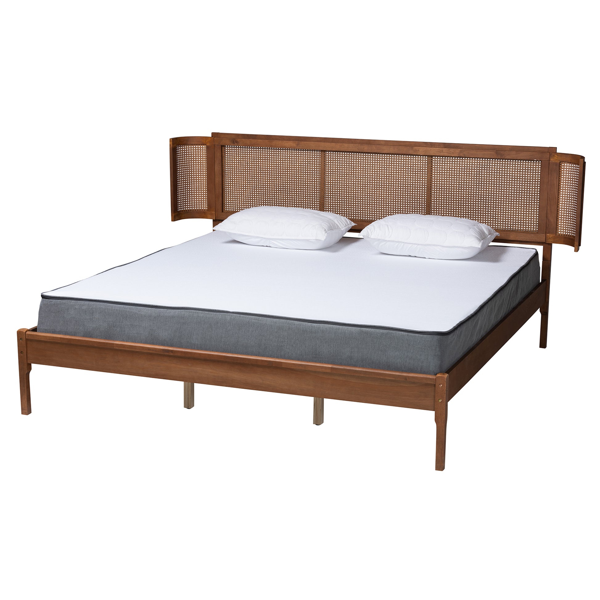 Baxton Studio Eridian Mid-Century Modern Walnut Brown Finished Wood and Natural Rattan King Size Platform Bed | Beds | Modishstore - 2