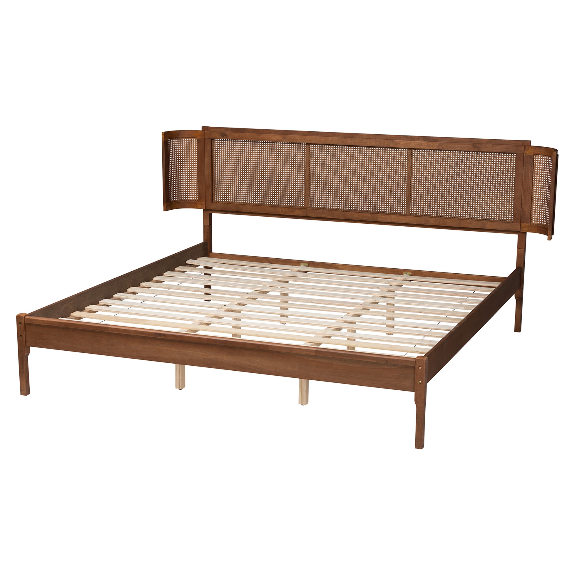 Baxton Studio Eridian Mid-Century Modern Walnut Brown Finished Wood and Natural Rattan King Size Platform Bed | Beds | Modishstore - 4