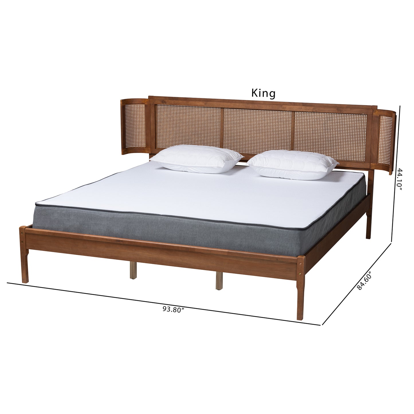 Baxton Studio Eridian Mid-Century Modern Walnut Brown Finished Wood and Natural Rattan King Size Platform Bed | Beds | Modishstore - 8