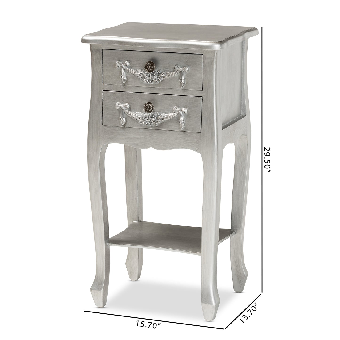 Baxton Studio Eliya Classic and Traditional Brushed Silver Finished Wood 2-Drawer End Table | Cabinets | Modishstore - 3