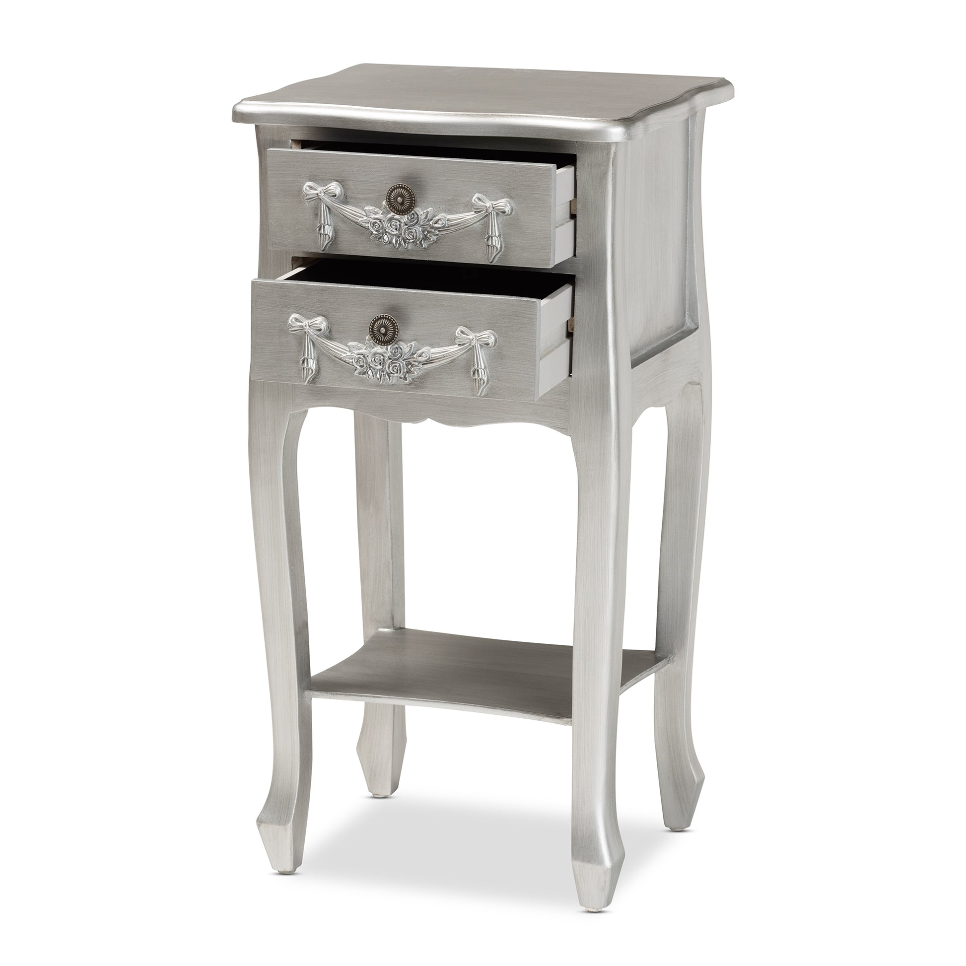 Baxton Studio Eliya Classic and Traditional Brushed Silver Finished Wood 2-Drawer End Table | Cabinets | Modishstore - 5