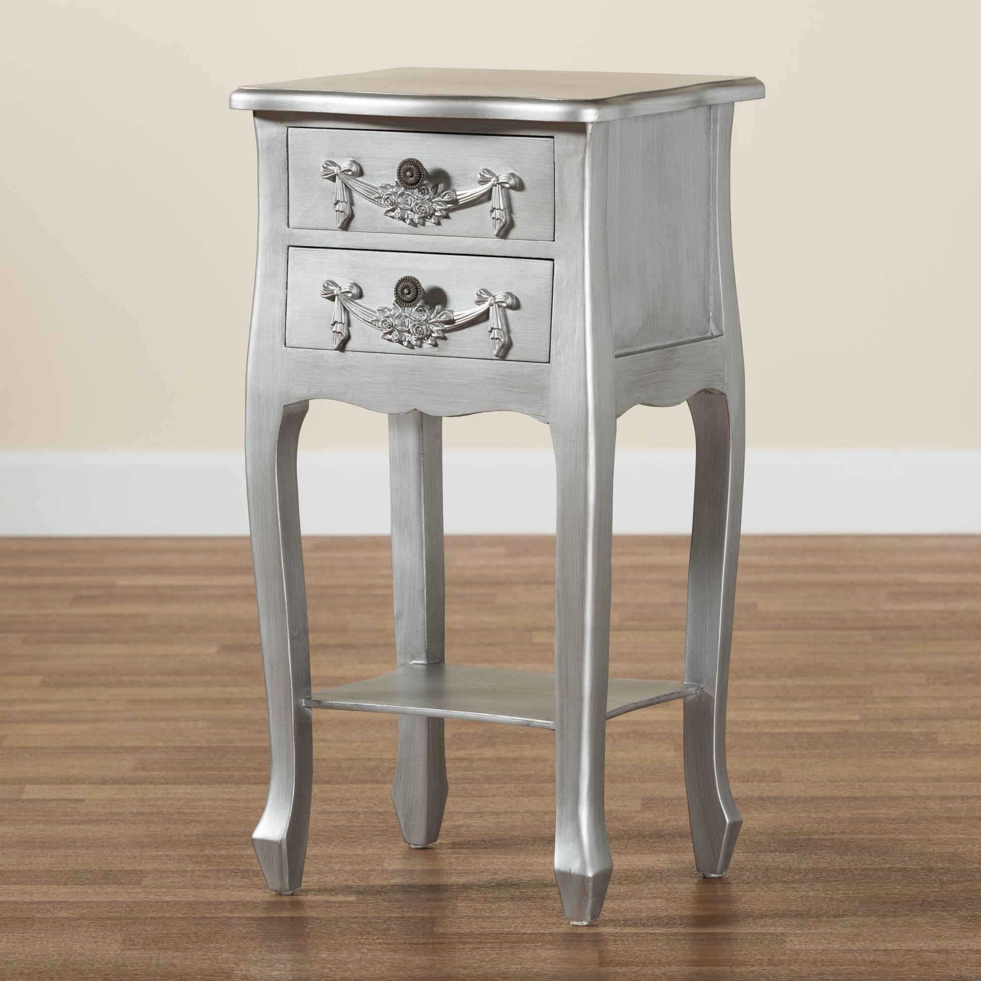 Baxton Studio Eliya Classic and Traditional Brushed Silver Finished Wood 2-Drawer End Table | Cabinets | Modishstore - 2