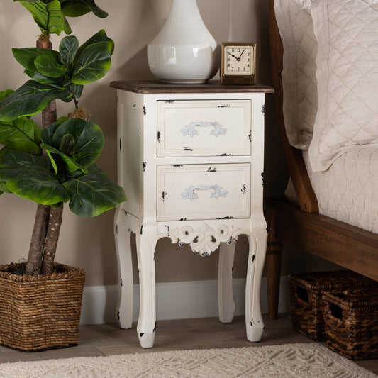 Baxton Studio Levron Classic and Traditional Two-Tone Walnut Brown and Antique White Finished Wood 2-Drawer End Table | Cabinets | Modishstore