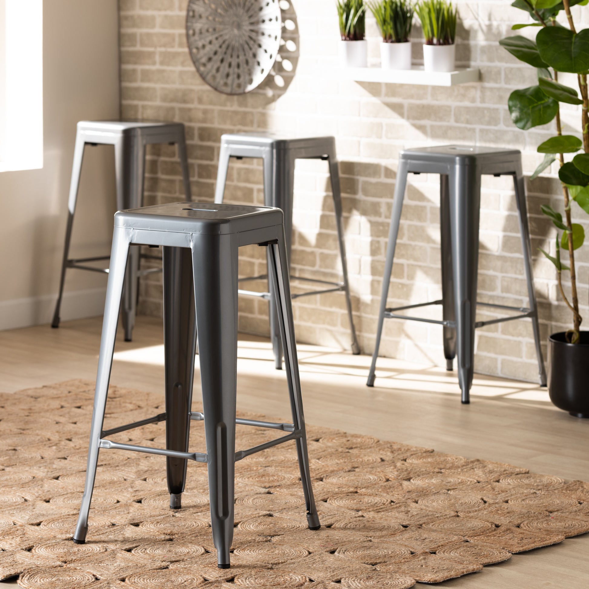 Baxton Studio Horton Modern and Contemporary Industrial Grey Finished Metal 4-Piece Stackable Bar Stool Set | Bar Stools | Modishstore