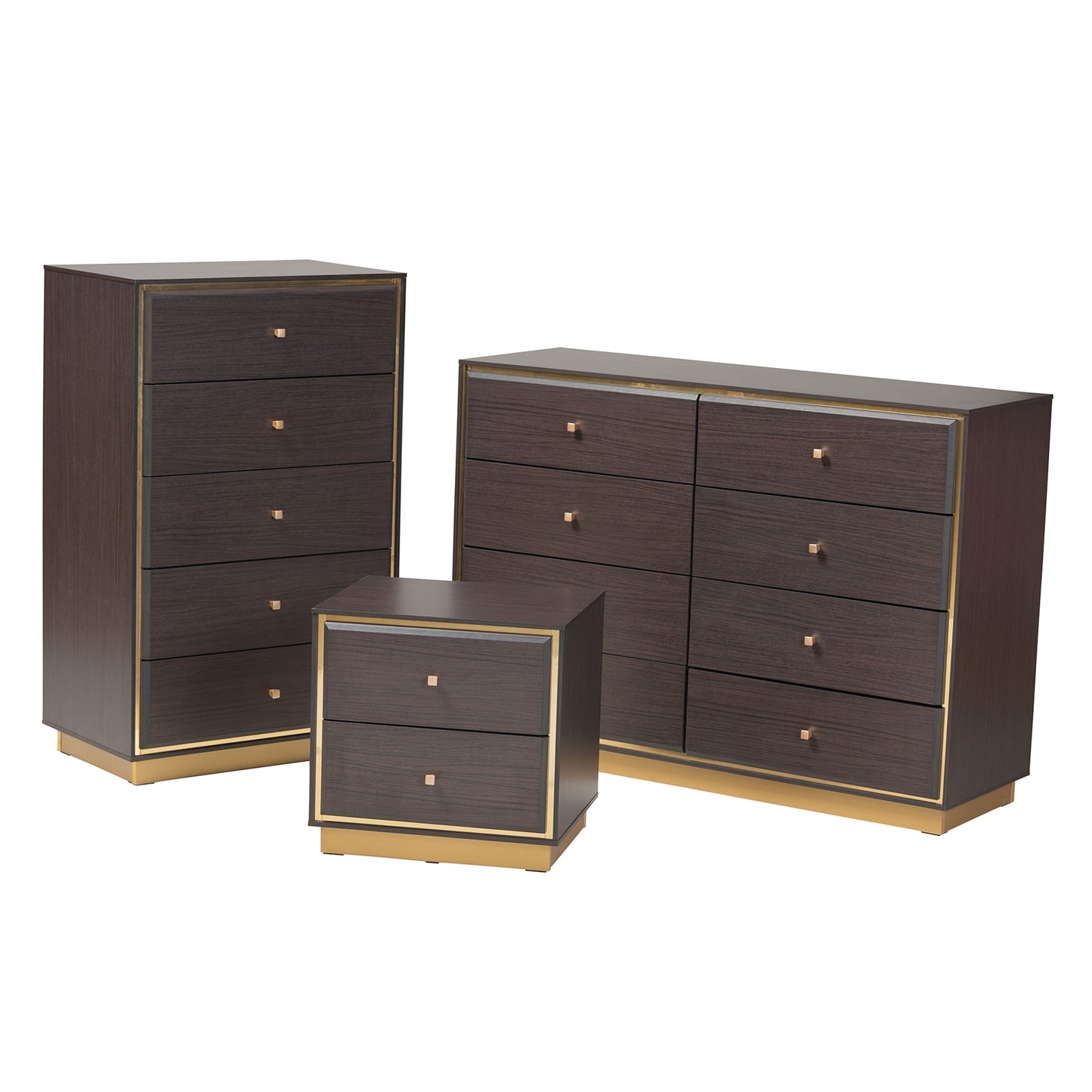 Baxton Studio Cormac Mid-Century Modern Transitional Dark Brown Finished Wood and Gold Metal 3-Piece Storage Set | Bedroom Sets | Modishstore - 4