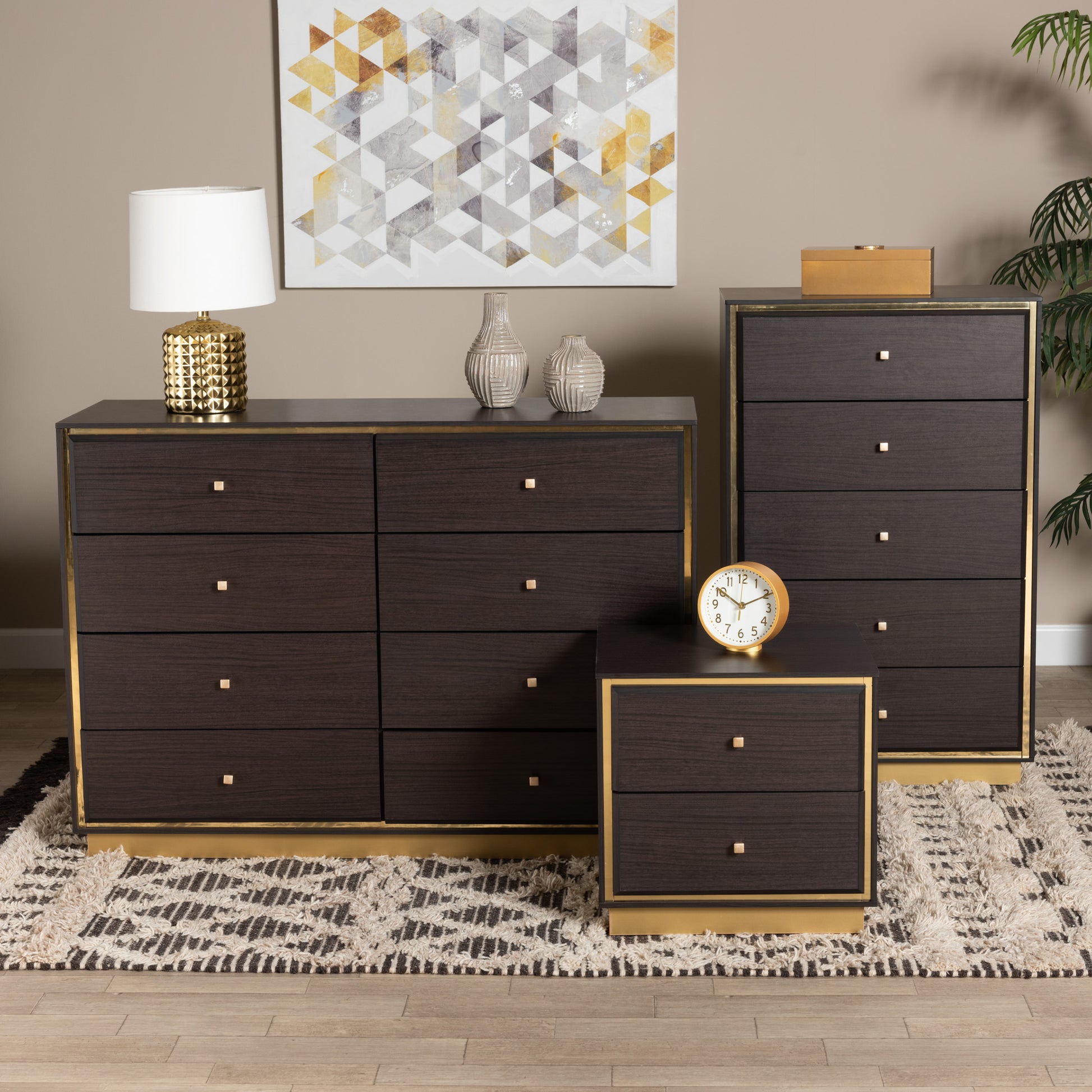 Baxton Studio Cormac Mid-Century Modern Transitional Dark Brown Finished Wood and Gold Metal 3-Piece Storage Set | Bedroom Sets | Modishstore