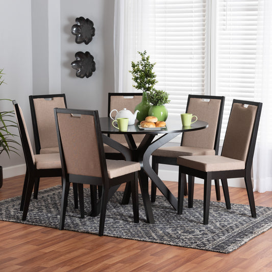 Baxton Studio Eira Modern Sand Fabric and Dark Brown Finished Wood 7-Piece Dining Set | Dining Sets | Modishstore