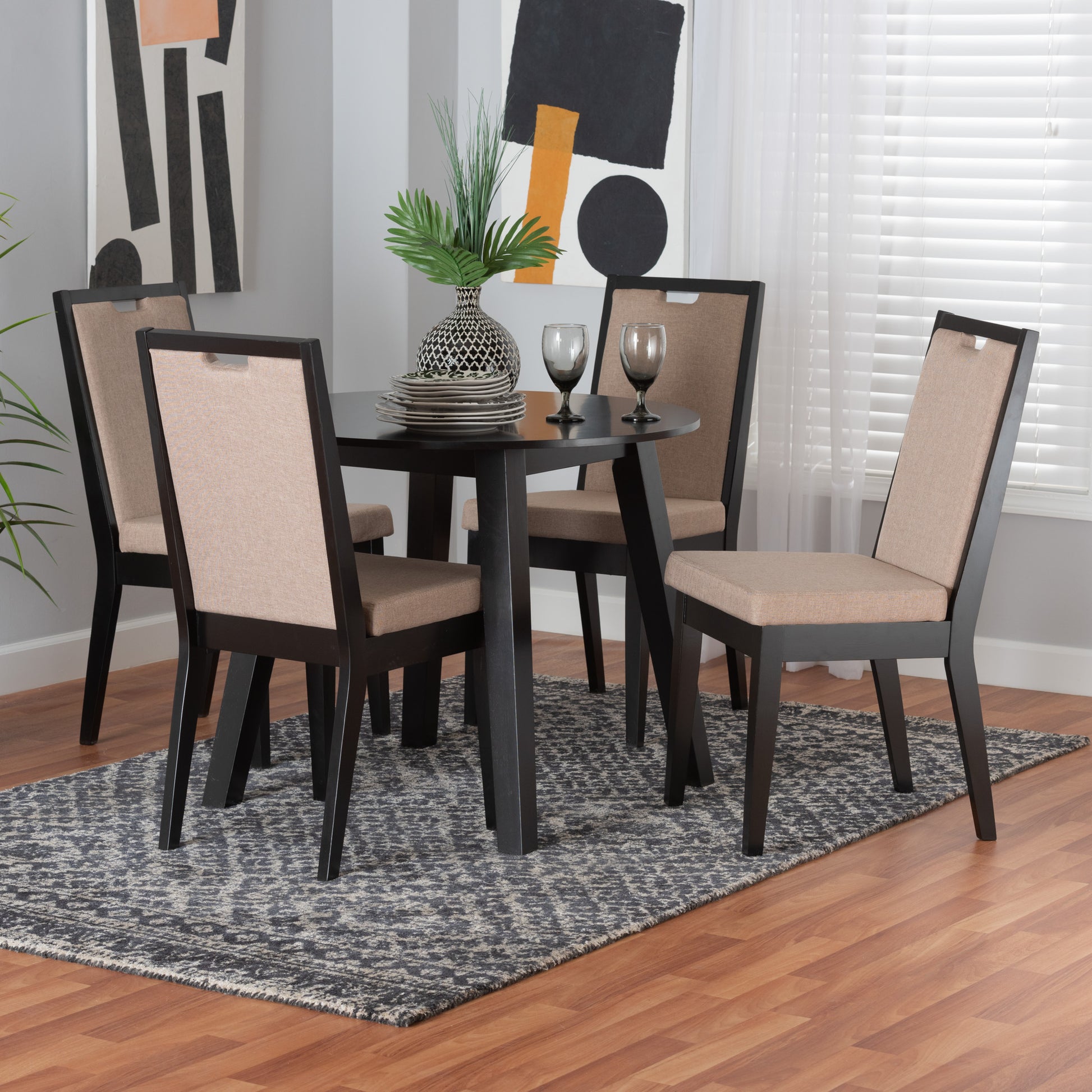 Baxton Studio Nia Modern Beige Fabric and Dark Brown Finished Wood 5-Piece Dining Set | Dining Sets | Modishstore