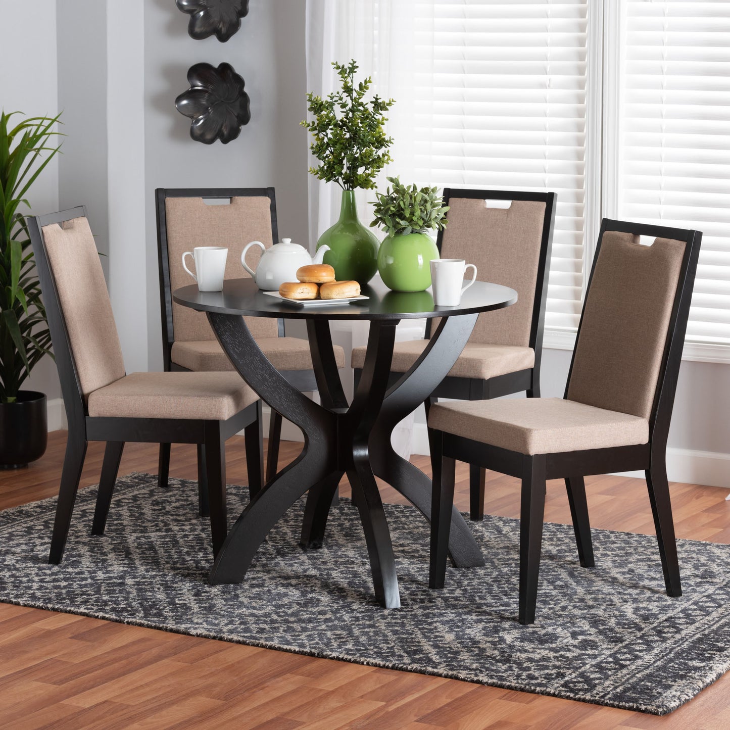 Baxton Studio Rika Modern Sand Fabric and Dark Brown Finished Wood 5-Piece Dining Set | Dining Sets | Modishstore