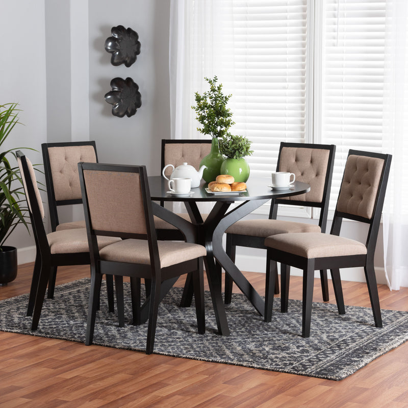 Baxton Studio Mana Modern Sand Fabric and Dark Brown Finished Wood 7-Piece Dining Set | Dining Sets | Modishstore