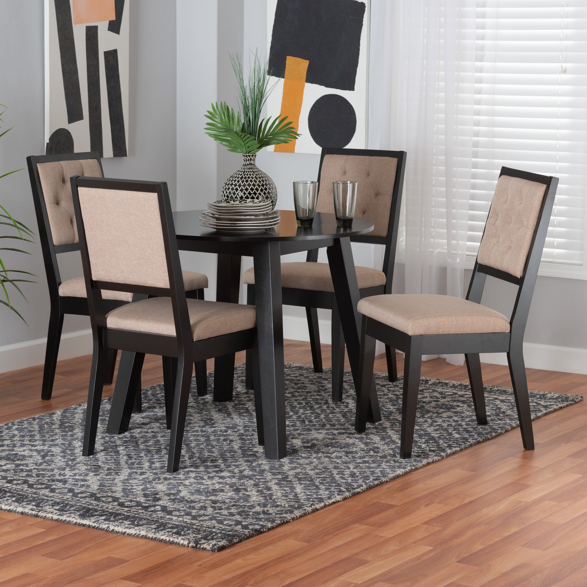 Baxton Studio Alani Modern Beige Fabric and Dark Brown Finished Wood 5-Piece Dining Set | Dining Sets | Modishstore