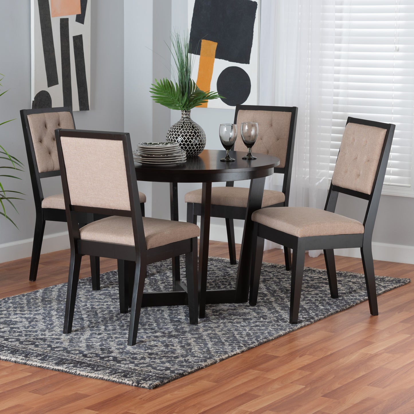 Baxton Studio Kala Modern Beige Fabric and Dark Brown Finished Wood 5-Piece Dining Set | Dining Sets | Modishstore