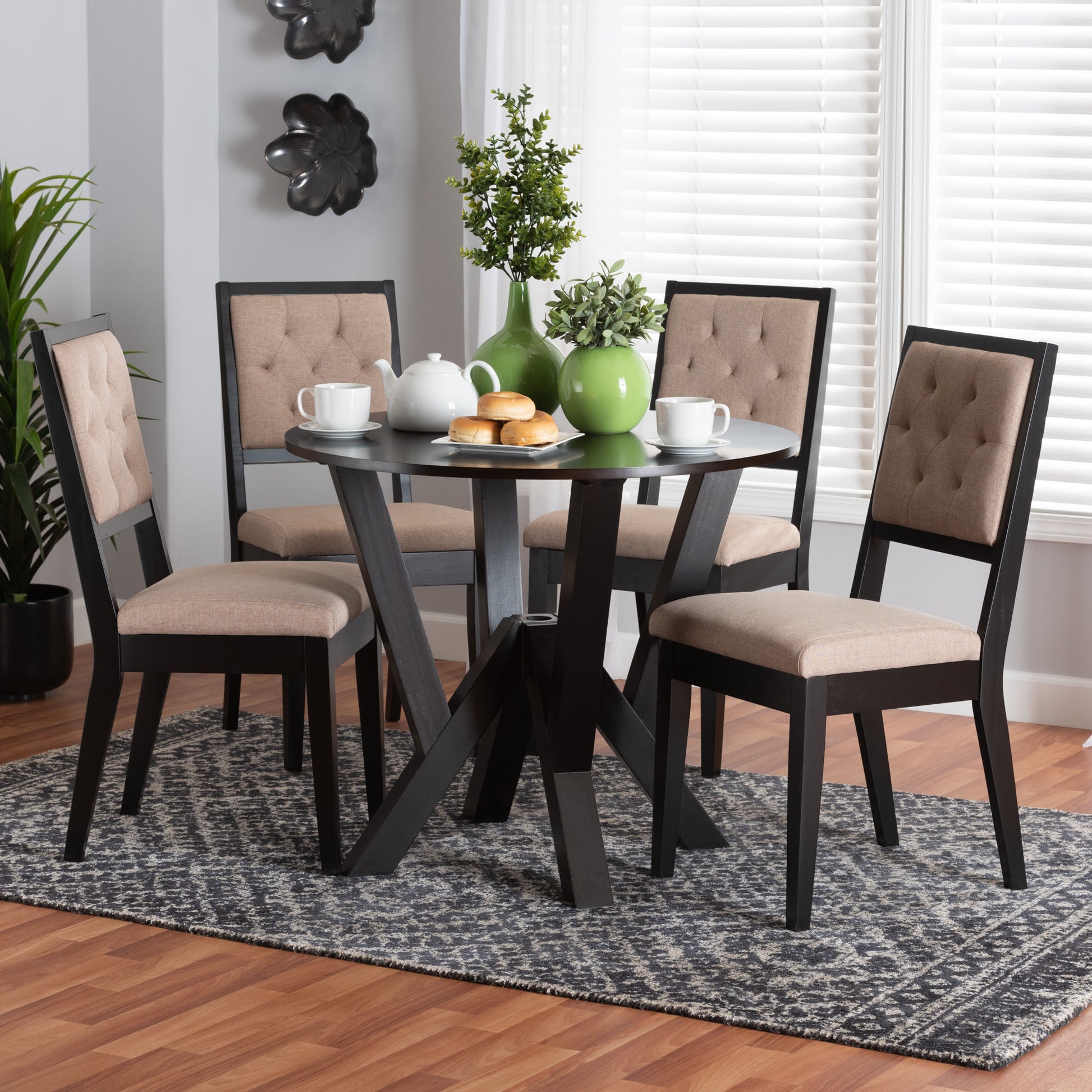 Baxton Studio Kai Modern Sand Fabric and Dark Brown Finished Wood 5-Piece Dining Set | Dining Sets | Modishstore