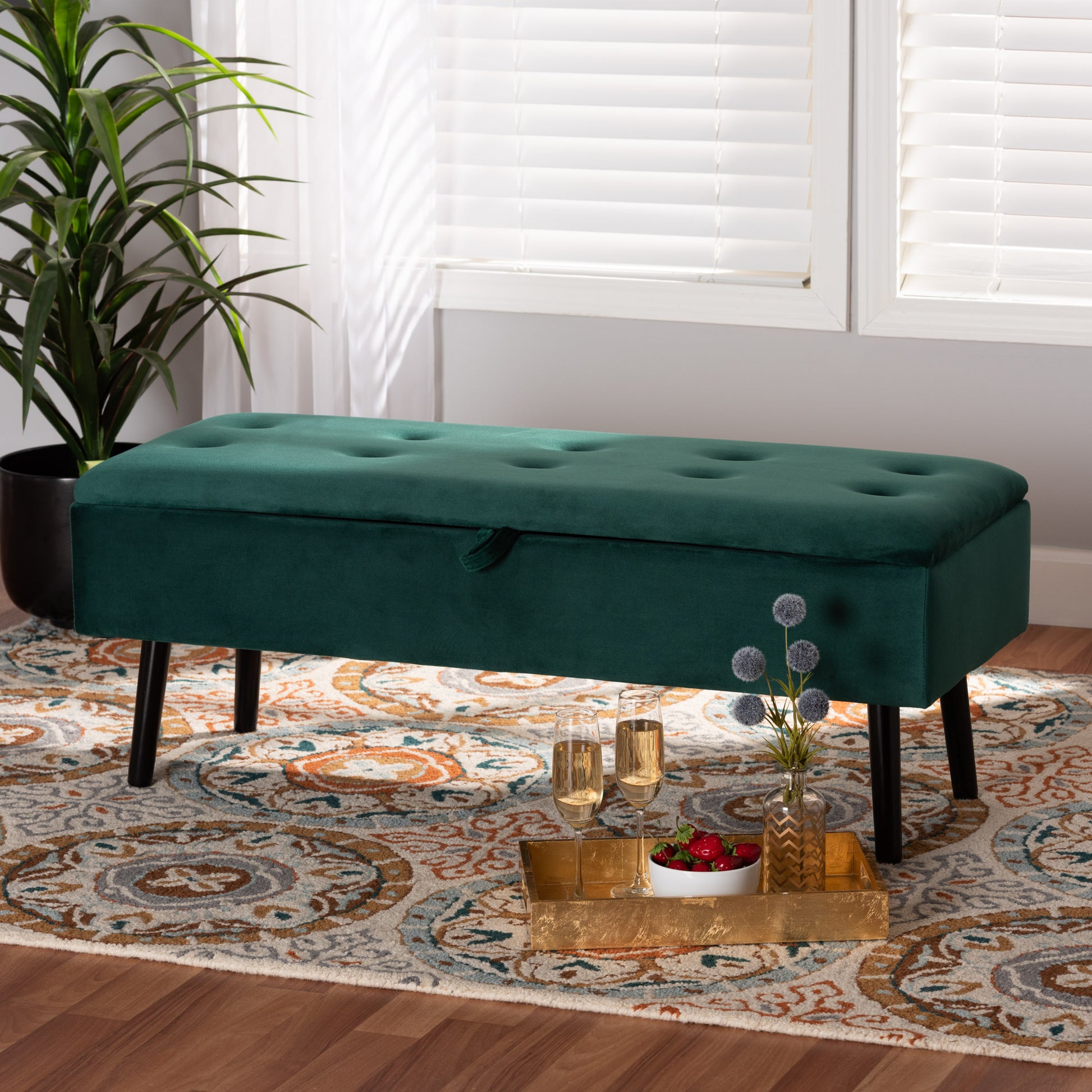 Baxton Studio Caine Modern and Contemporary Green Velvet Fabric Upholstered and Dark Brown Finished Wood Storage Bench | Benches | Modishstore