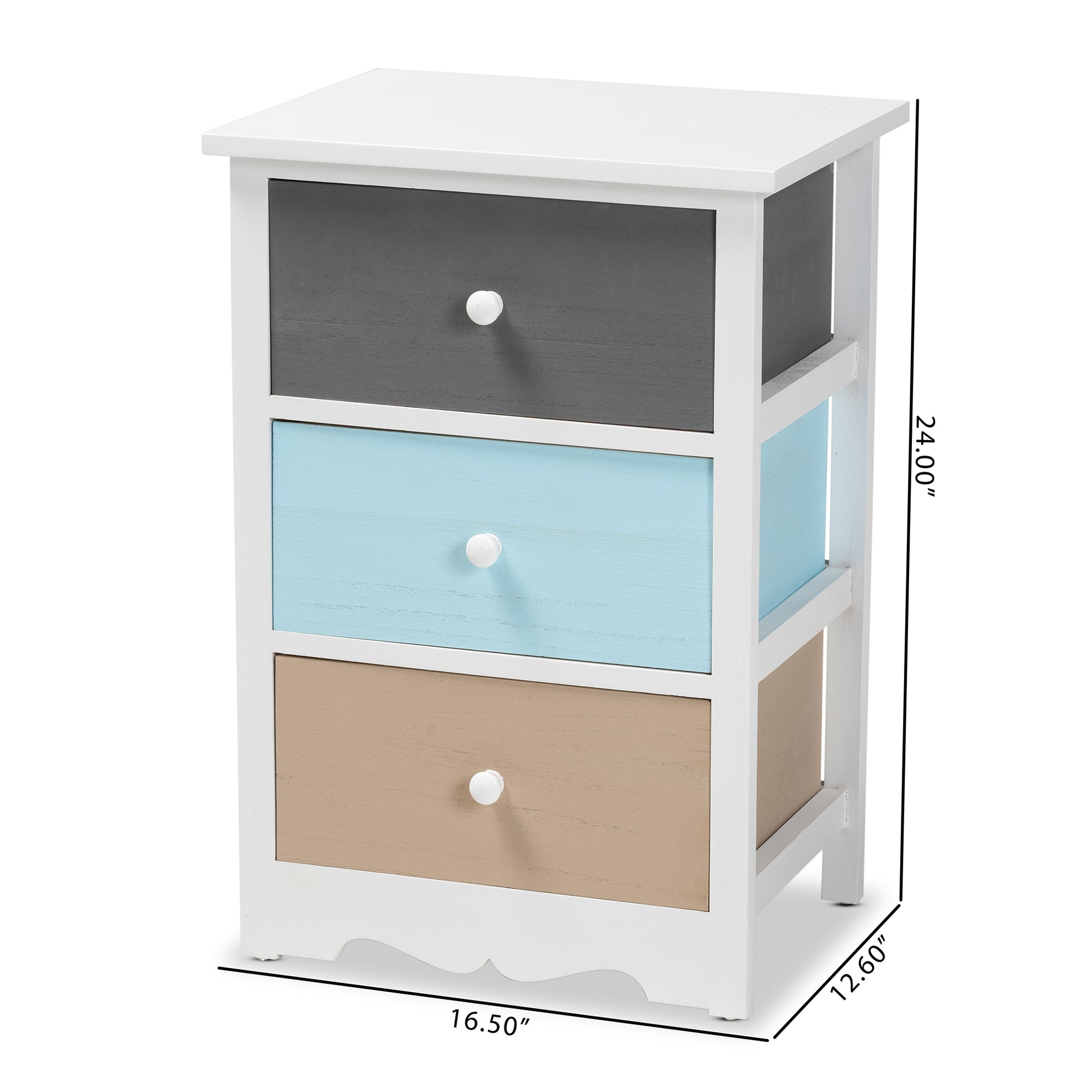 Baxton Studio Kalila Modern and Contemporary White and Multi-Colored Finished Wood 3-Drawer End Table | Cabinets | Modishstore - 3