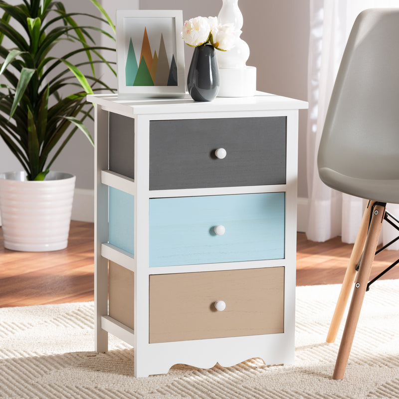 Baxton Studio Kalila Modern and Contemporary White and Multi-Colored Finished Wood 3-Drawer End Table | Cabinets | Modishstore