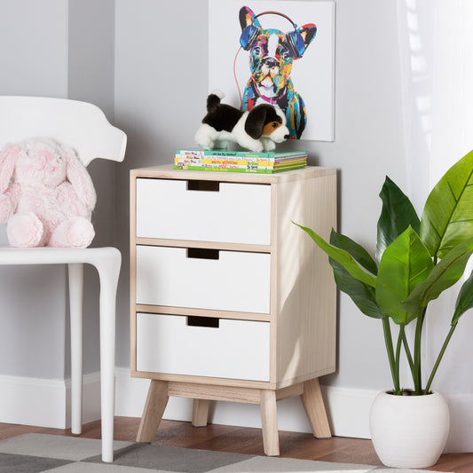 Baxton Studio Halian Mid-Century Modern Two-Tone White and Light Brown Finished Wood 3-Drawer End Table | Cabinets | Modishstore