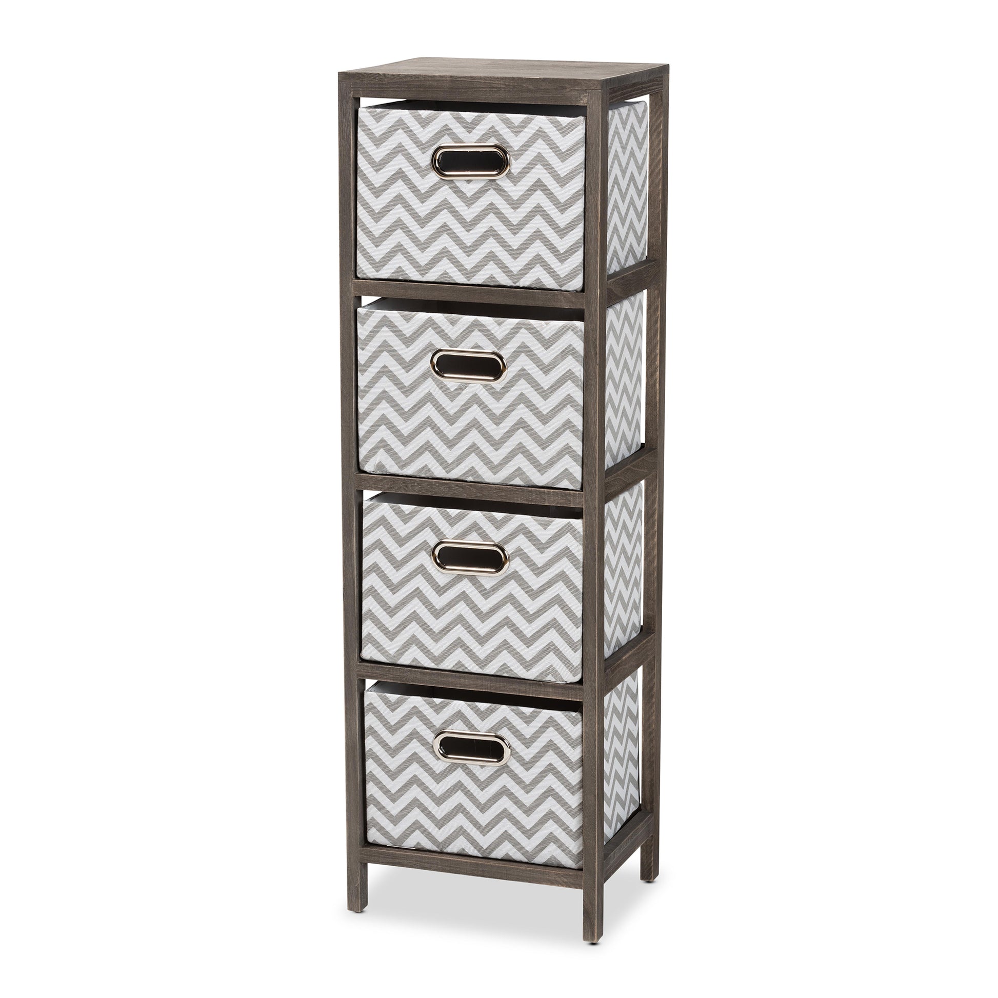 Baxton Studio Jorah Modern and Contemporary Grey and White Fabric Upholstered Greywashed Wood 4-Basket Tallboy Storage Unit | Cabinets | Modishstore - 2