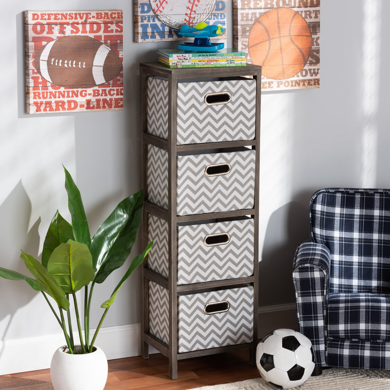 Baxton Studio Jorah Modern and Contemporary Grey and White Fabric Upholstered Greywashed Wood 4-Basket Tallboy Storage Unit | Cabinets | Modishstore