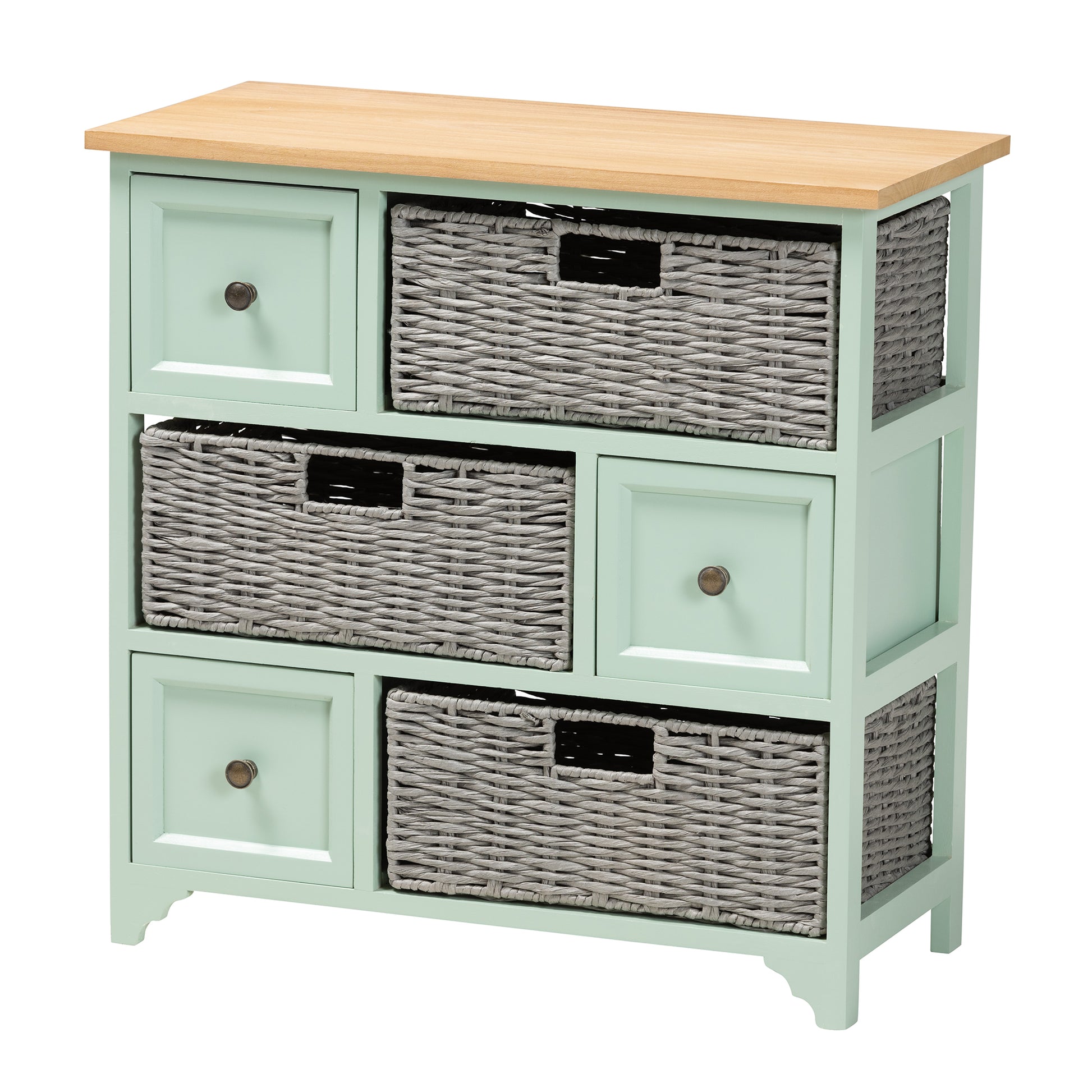 Baxton Studio Valtina Modern and Contemporary Two-Tone Oak Brown and Mint Green Finished Wood 3-Drawer Storage Unit with Baskets | Cabinets | Modishstore - 4