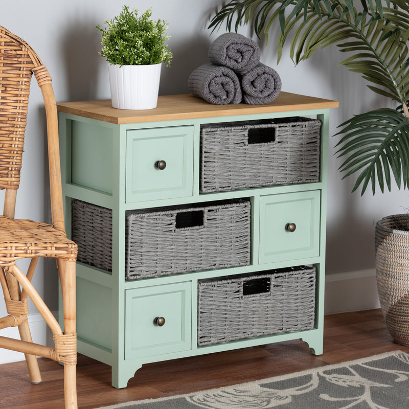 Baxton Studio Valtina Modern and Contemporary Two-Tone Oak Brown and Mint Green Finished Wood 3-Drawer Storage Unit with Baskets | Cabinets | Modishstore