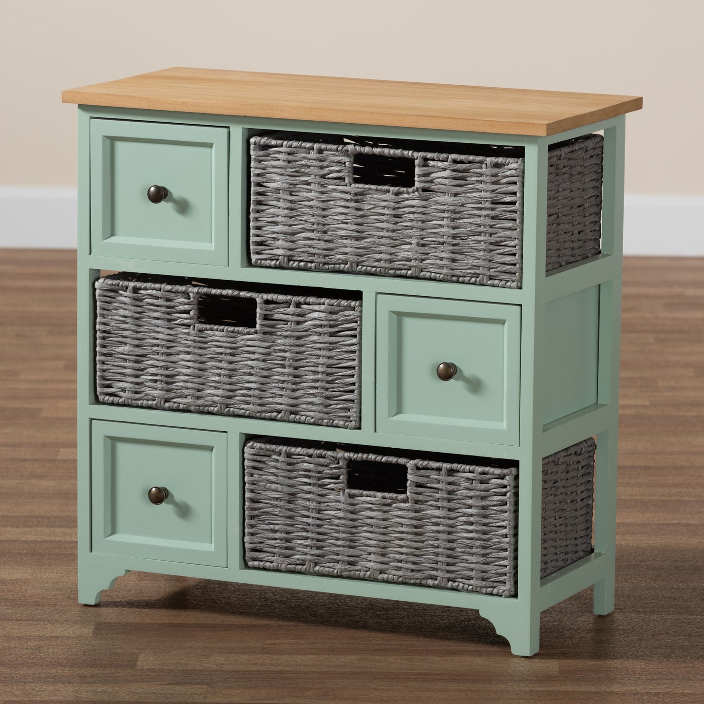 Baxton Studio Valtina Modern and Contemporary Two-Tone Oak Brown and Mint Green Finished Wood 3-Drawer Storage Unit with Baskets | Cabinets | Modishstore - 2