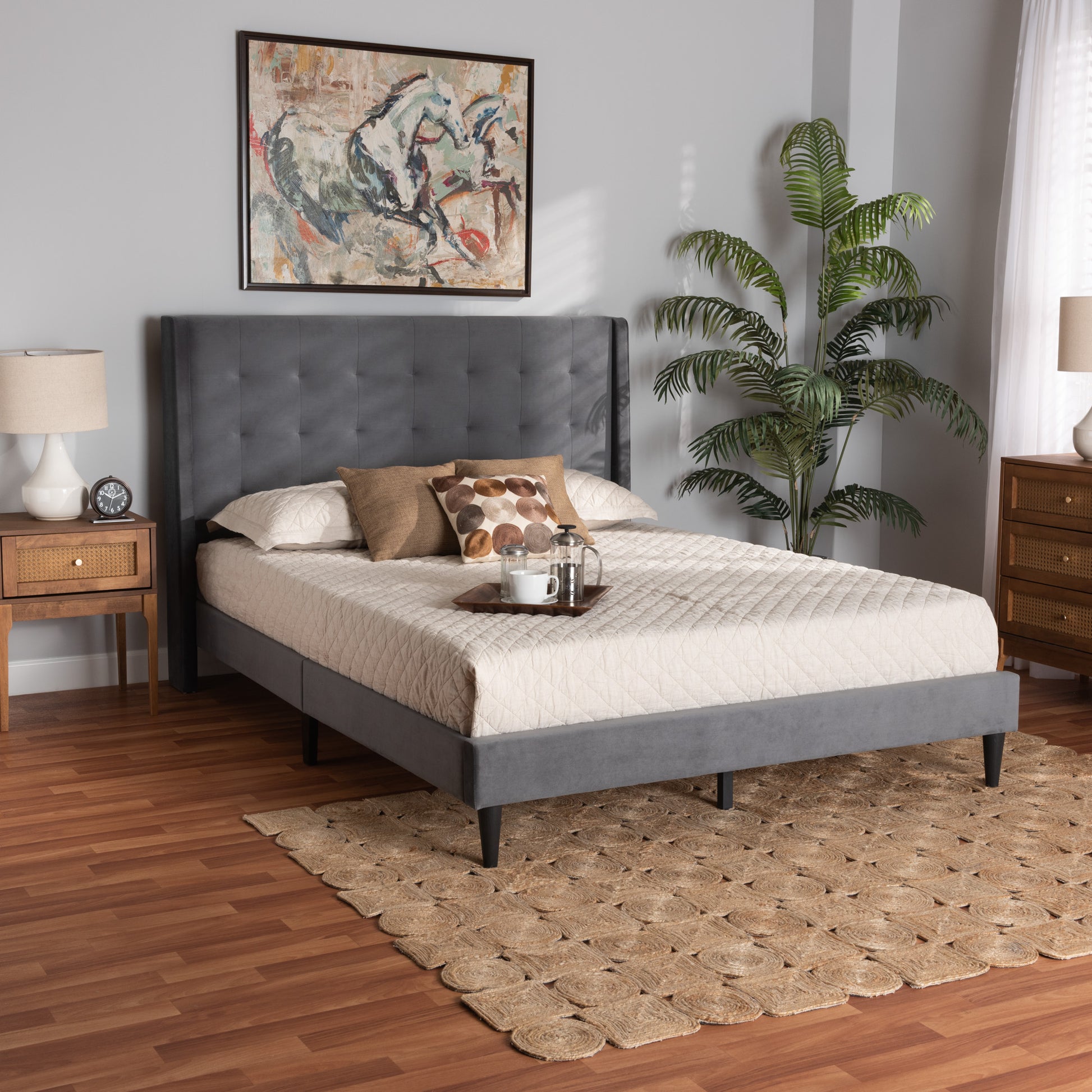 Baxton Studio Gothard Modern and Contemporary Grey Velvet Fabric Upholstered and Dark Brown Finished Wood Queen Size Platform Bed | Beds | Modishstore