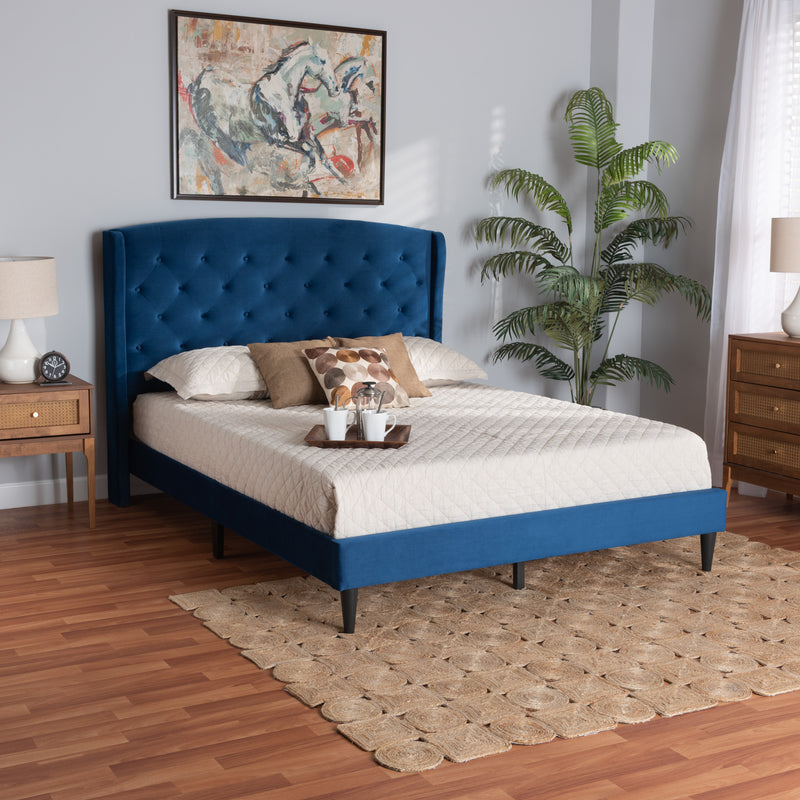 Baxton Studio Joanna Modern and Contemporay Navy Blue Velvet Fabric Upholstered and Dark Brown Finished Wood Queen Size Platform Bed | Beds | Modishstore