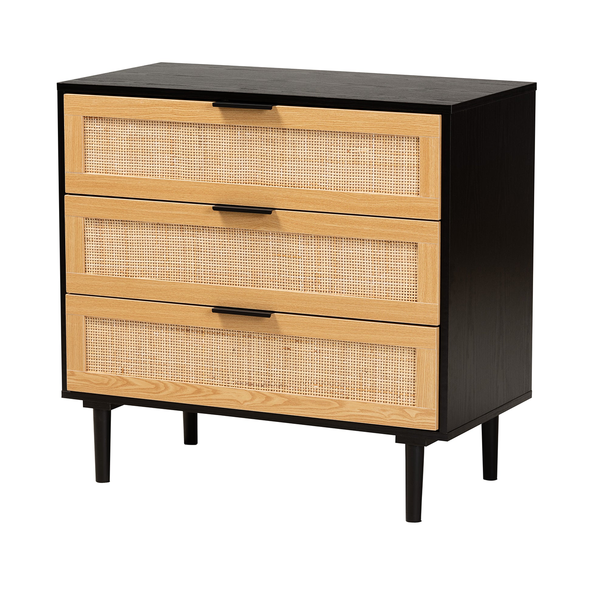 Baxton Studio Maureen Mid-Century Modern Espresso Brown Wood and Rattan 3-Drawer Cabinet | Cabinets | Modishstore - 4