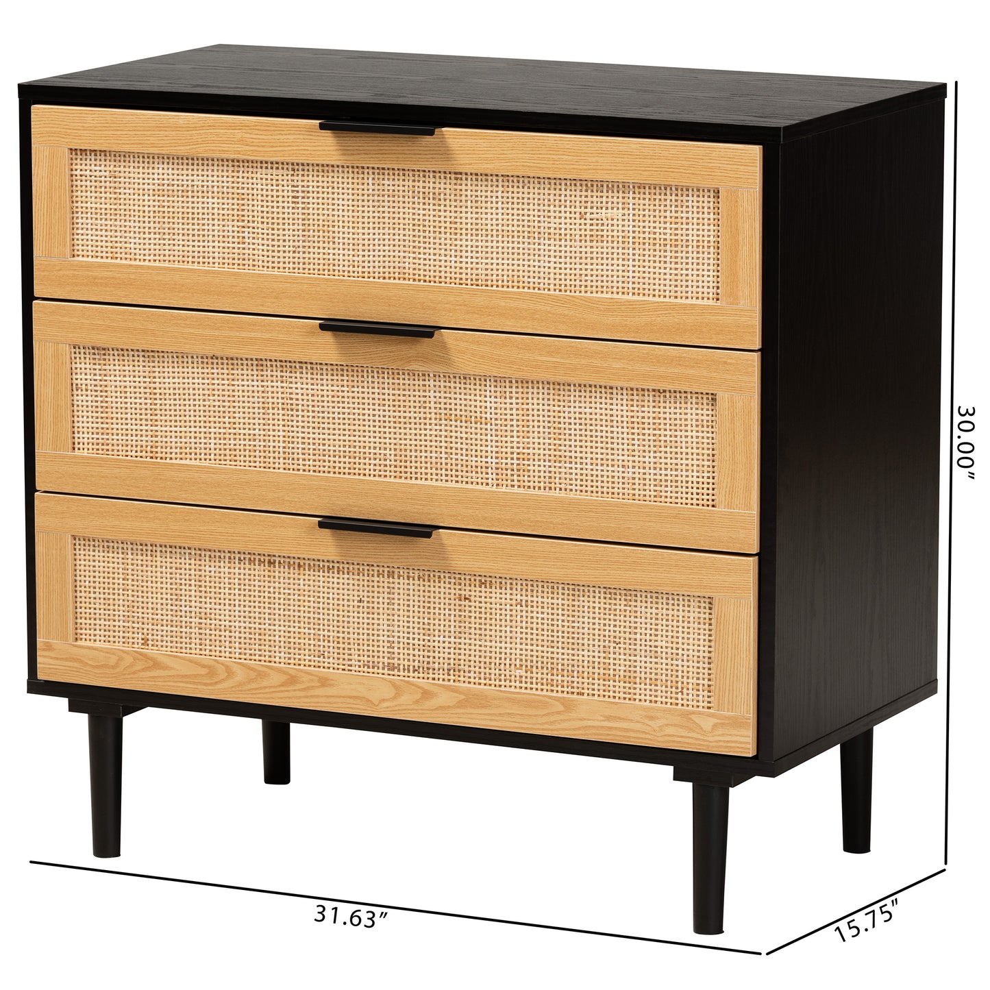 Baxton Studio Maureen Mid-Century Modern Espresso Brown Wood and Rattan 3-Drawer Cabinet | Cabinets | Modishstore - 3