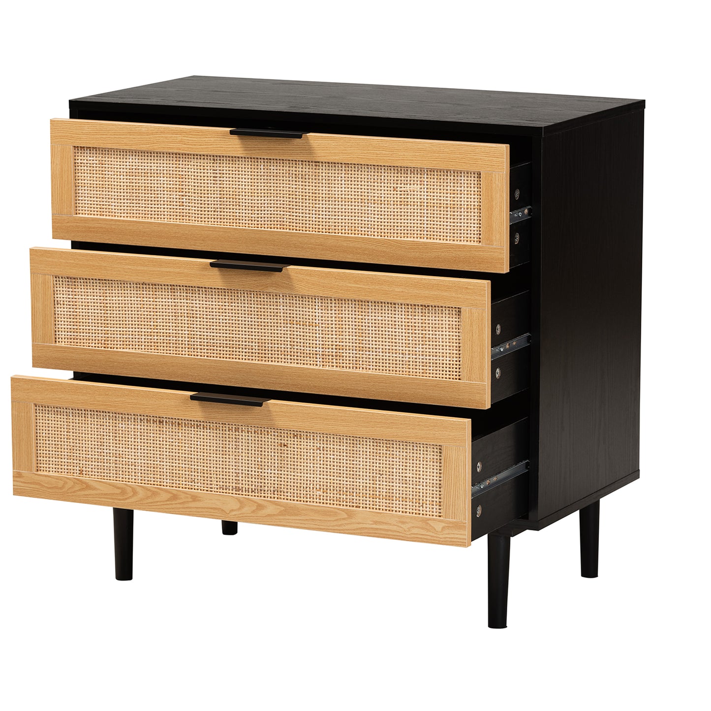 Baxton Studio Maureen Mid-Century Modern Espresso Brown Wood and Rattan 3-Drawer Cabinet | Cabinets | Modishstore - 5