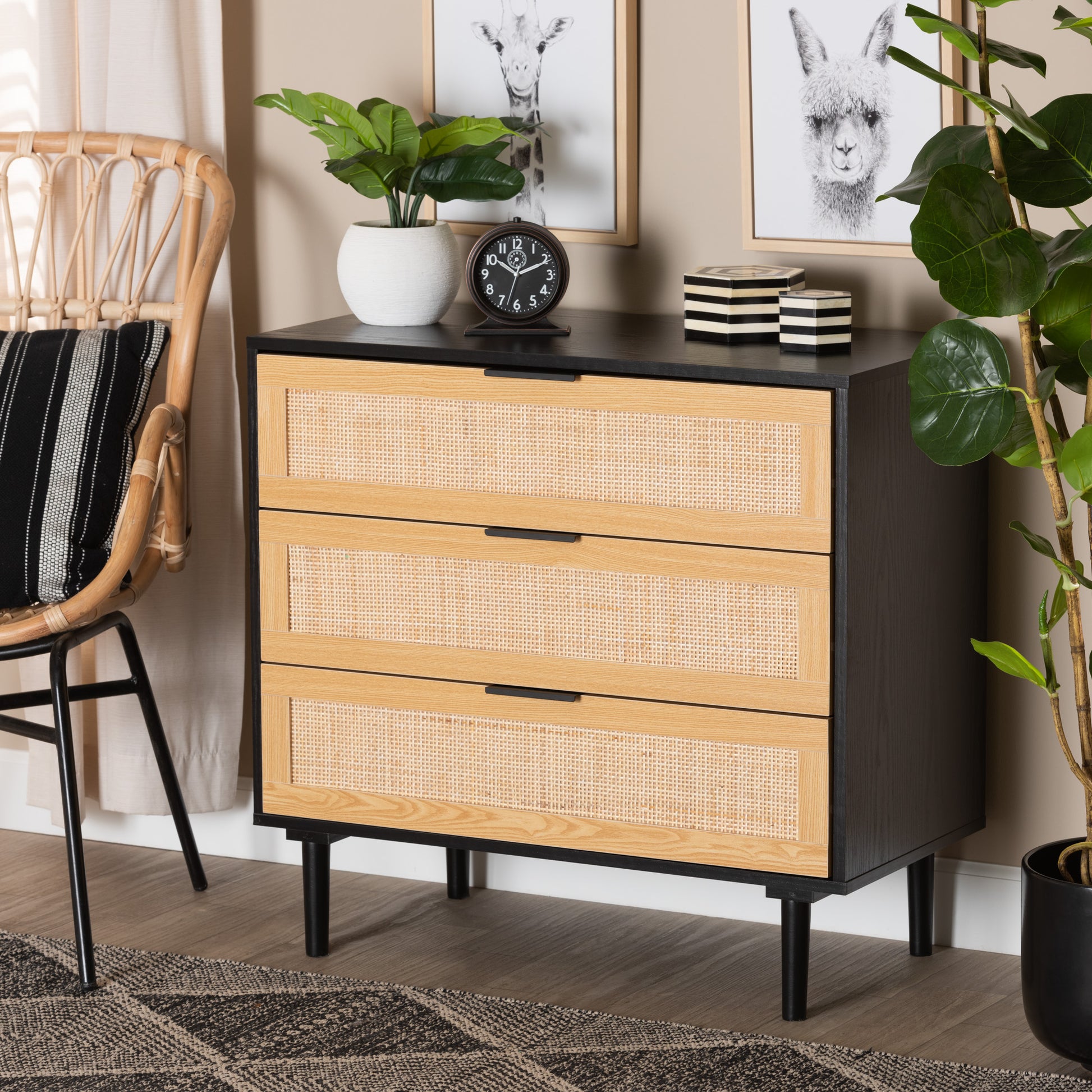 Baxton Studio Maureen Mid-Century Modern Espresso Brown Wood and Rattan 3-Drawer Cabinet | Cabinets | Modishstore