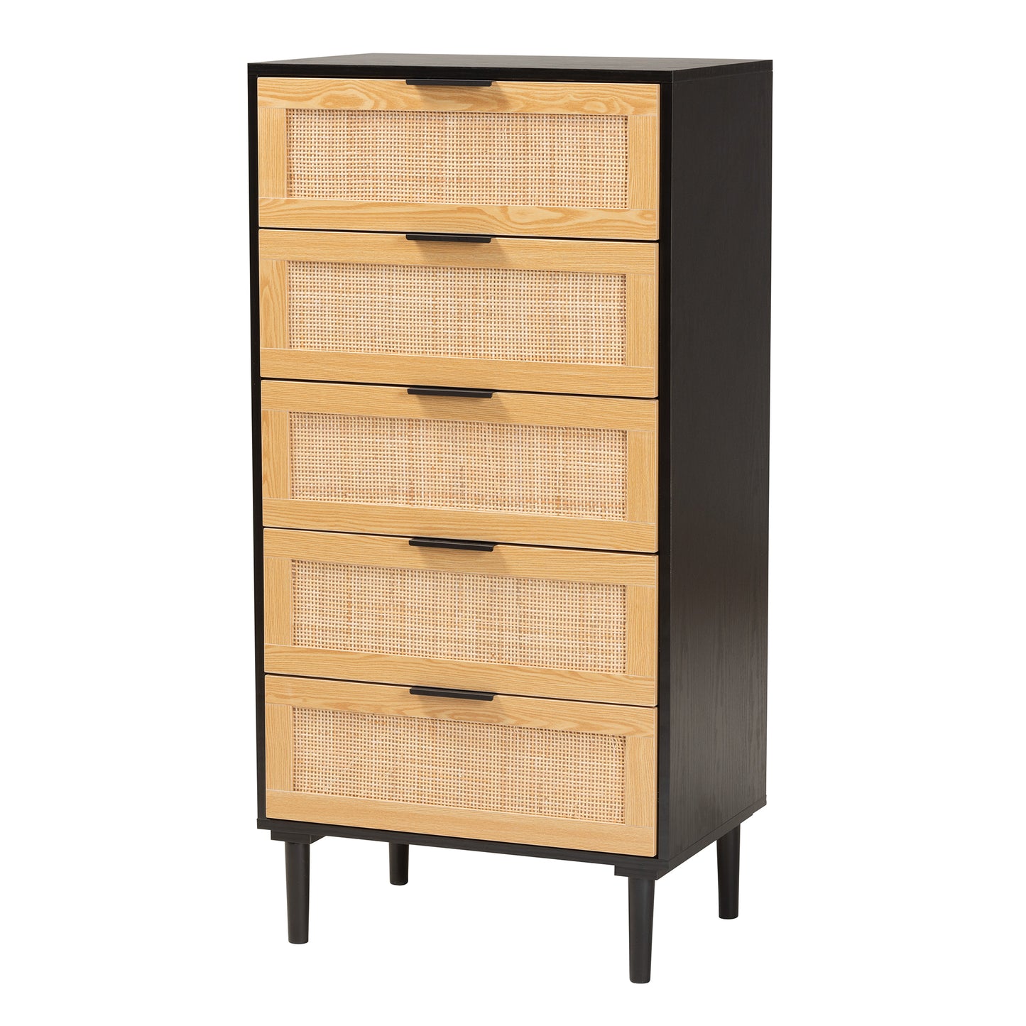 Baxton Studio Maureen Mid-Century Modern Espresso Brown Wood and Rattan 5-Drawer Storage Cabinet | Cabinets | Modishstore - 4