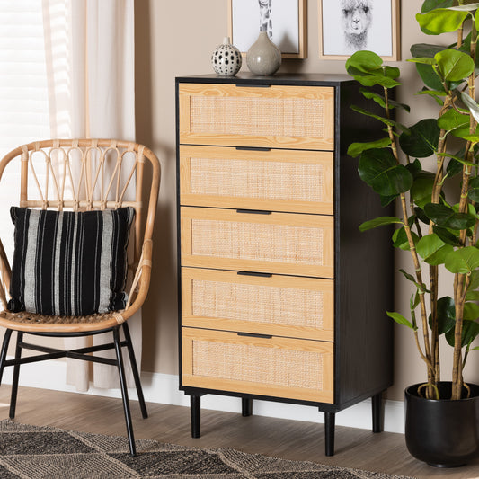 Baxton Studio Maureen Mid-Century Modern Espresso Brown Wood and Rattan 5-Drawer Storage Cabinet | Cabinets | Modishstore