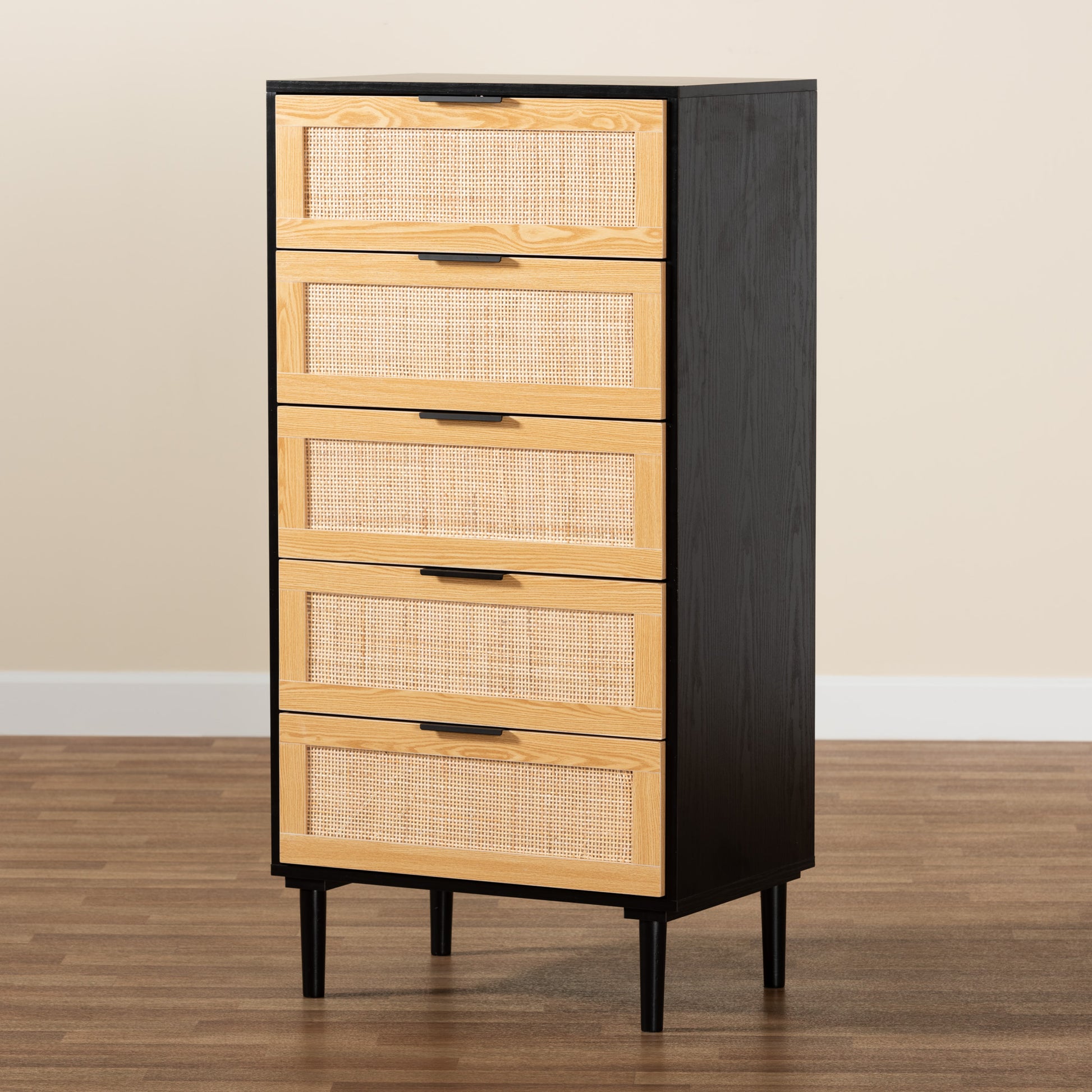 Baxton Studio Maureen Mid-Century Modern Espresso Brown Wood and Rattan 5-Drawer Storage Cabinet | Cabinets | Modishstore - 2