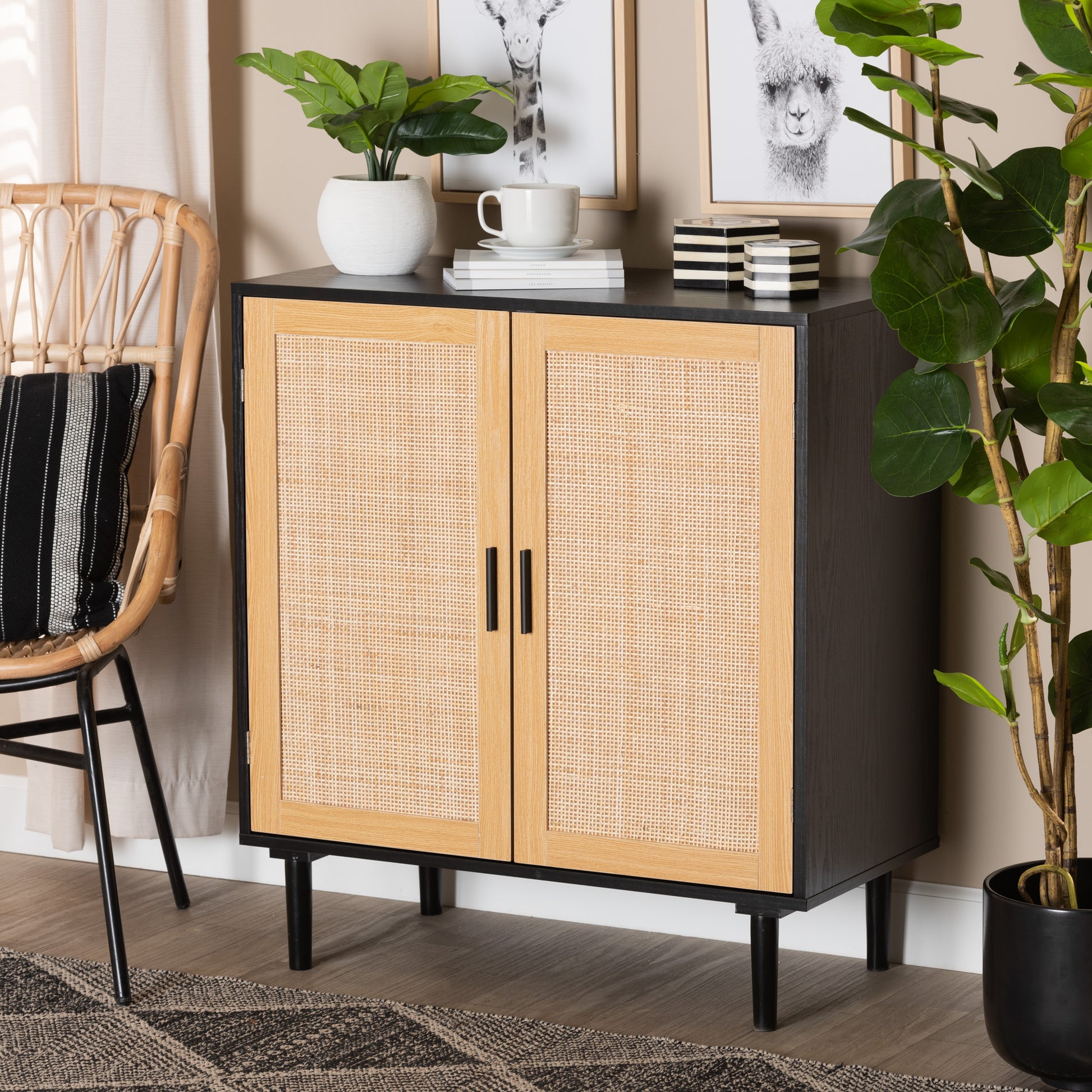 Baxton Studio Maureen Mid-Century Modern Espresso Brown Wood and Rattan 2-Door Storage Cabinet | Cabinets | Modishstore